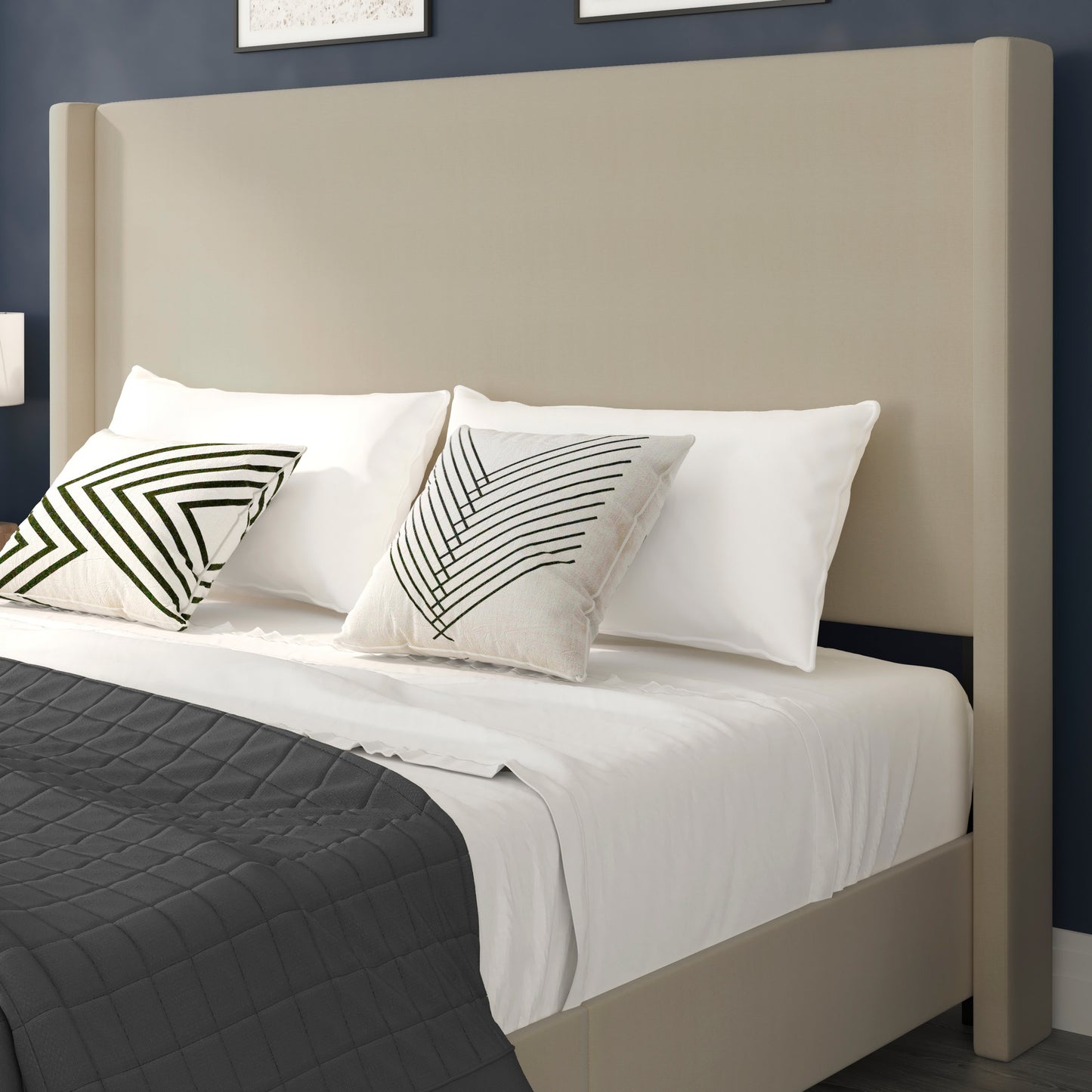 Quinn King Upholstered Platform Bed with Channel Stitched Wingback Headboard, Mattress Foundation with Slatted Supports, No Box Spring Needed, Beige Beige