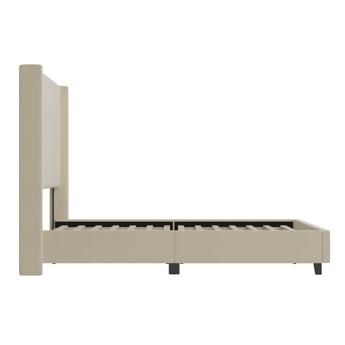 Quinn King Upholstered Platform Bed with Channel Stitched Wingback Headboard, Mattress Foundation with Slatted Supports, No Box Spring Needed, Beige Beige