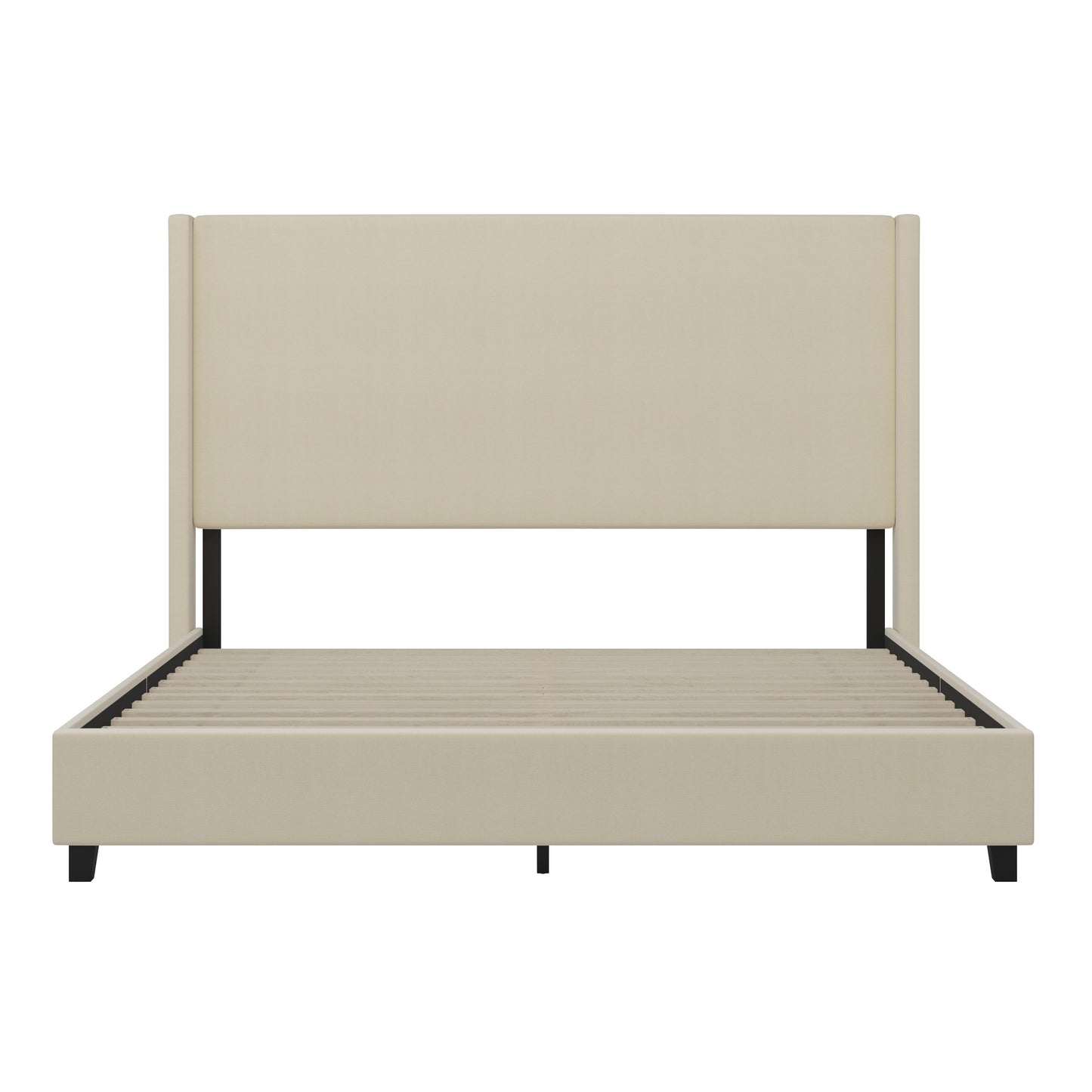 Quinn King Upholstered Platform Bed with Channel Stitched Wingback Headboard, Mattress Foundation with Slatted Supports, No Box Spring Needed, Beige Beige