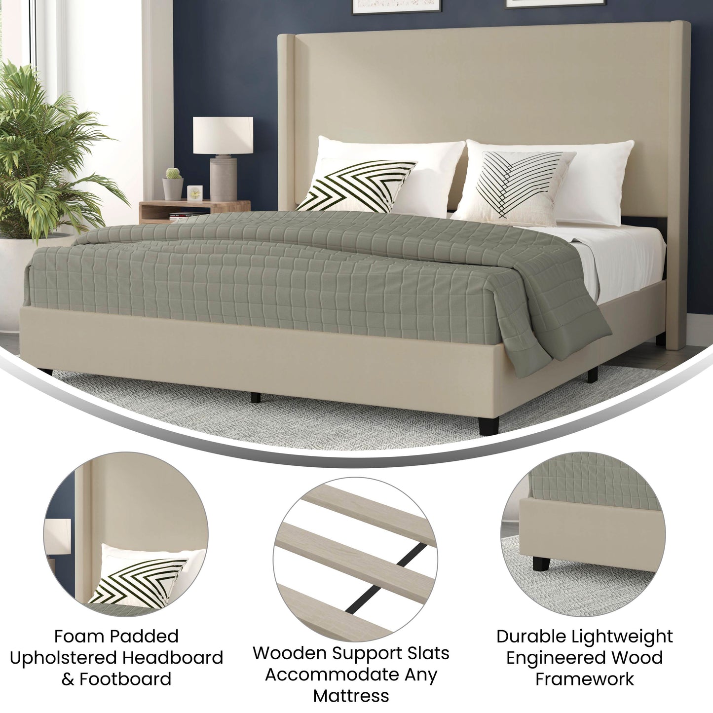 Quinn King Upholstered Platform Bed with Channel Stitched Wingback Headboard, Mattress Foundation with Slatted Supports, No Box Spring Needed, Beige Beige