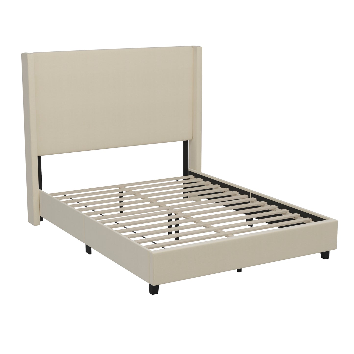 Quinn Queen Upholstered Platform Bed with Channel Stitched Wingback Headboard, Mattress Foundation with Slatted Supports, No Box Spring Needed, Beige Beige