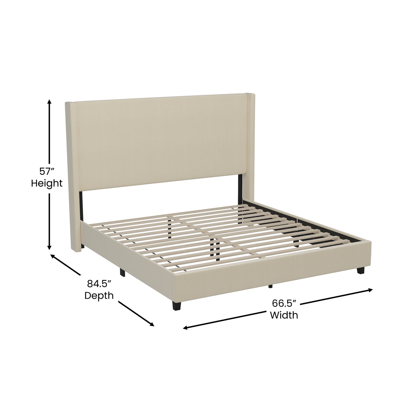 Quinn Queen Upholstered Platform Bed with Channel Stitched Wingback Headboard, Mattress Foundation with Slatted Supports, No Box Spring Needed, Beige Beige