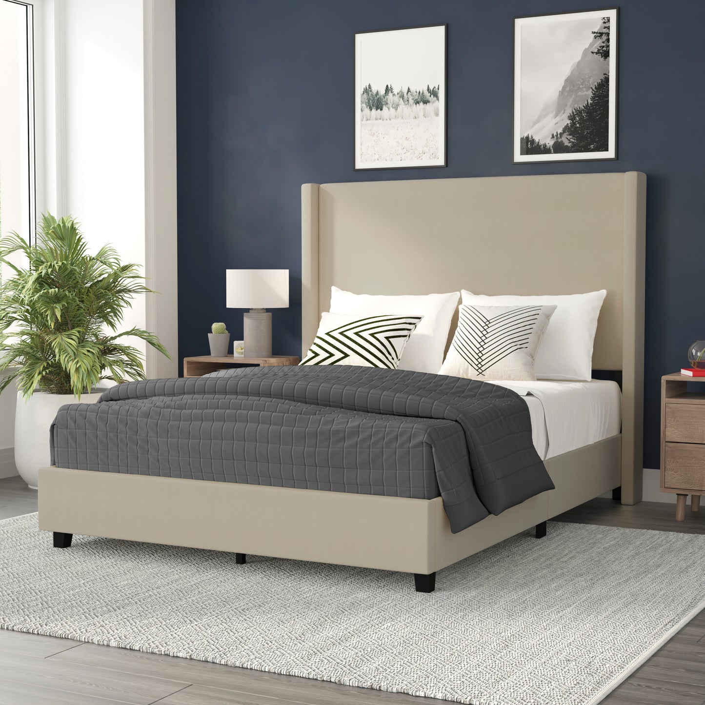Quinn Queen Upholstered Platform Bed with Channel Stitched Wingback Headboard, Mattress Foundation with Slatted Supports, No Box Spring Needed, Beige Beige