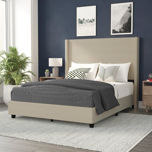 Quinn Queen Upholstered Platform Bed with Channel Stitched Wingback Headboard, Mattress Foundation with Slatted Supports, No Box Spring Needed, Beige Beige