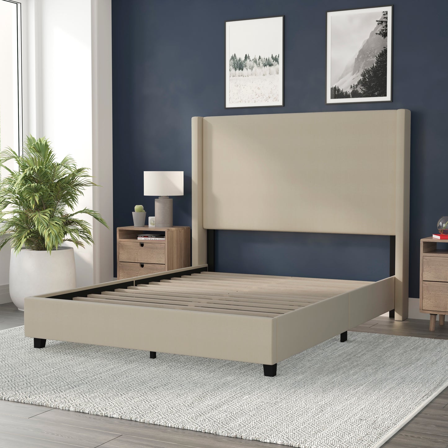 Quinn Queen Upholstered Platform Bed with Channel Stitched Wingback Headboard, Mattress Foundation with Slatted Supports, No Box Spring Needed, Beige Beige