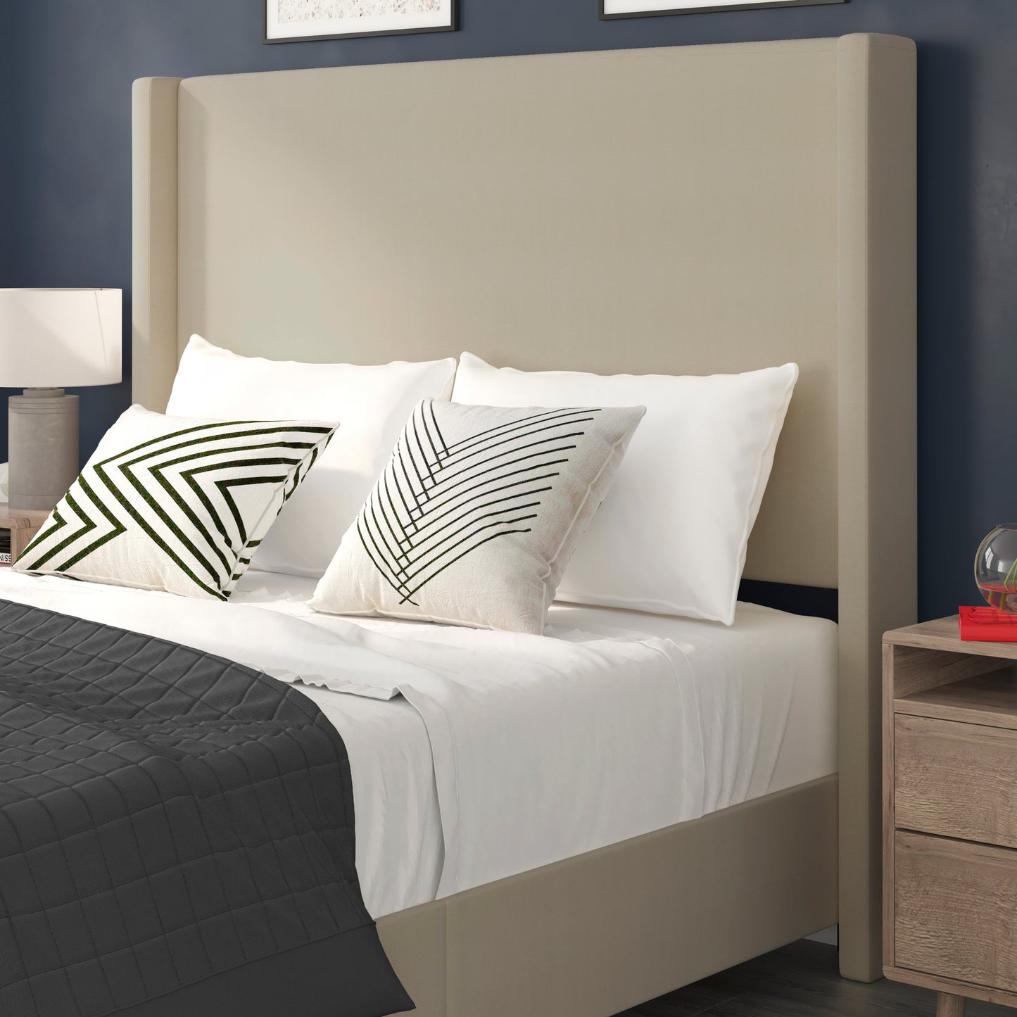 Quinn Queen Upholstered Platform Bed with Channel Stitched Wingback Headboard, Mattress Foundation with Slatted Supports, No Box Spring Needed, Beige Beige