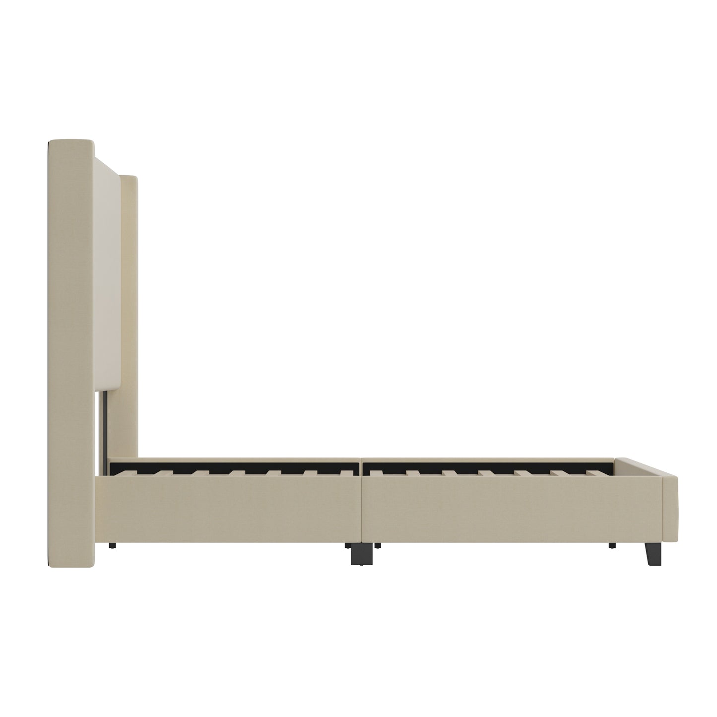 Quinn Queen Upholstered Platform Bed with Channel Stitched Wingback Headboard, Mattress Foundation with Slatted Supports, No Box Spring Needed, Beige Beige