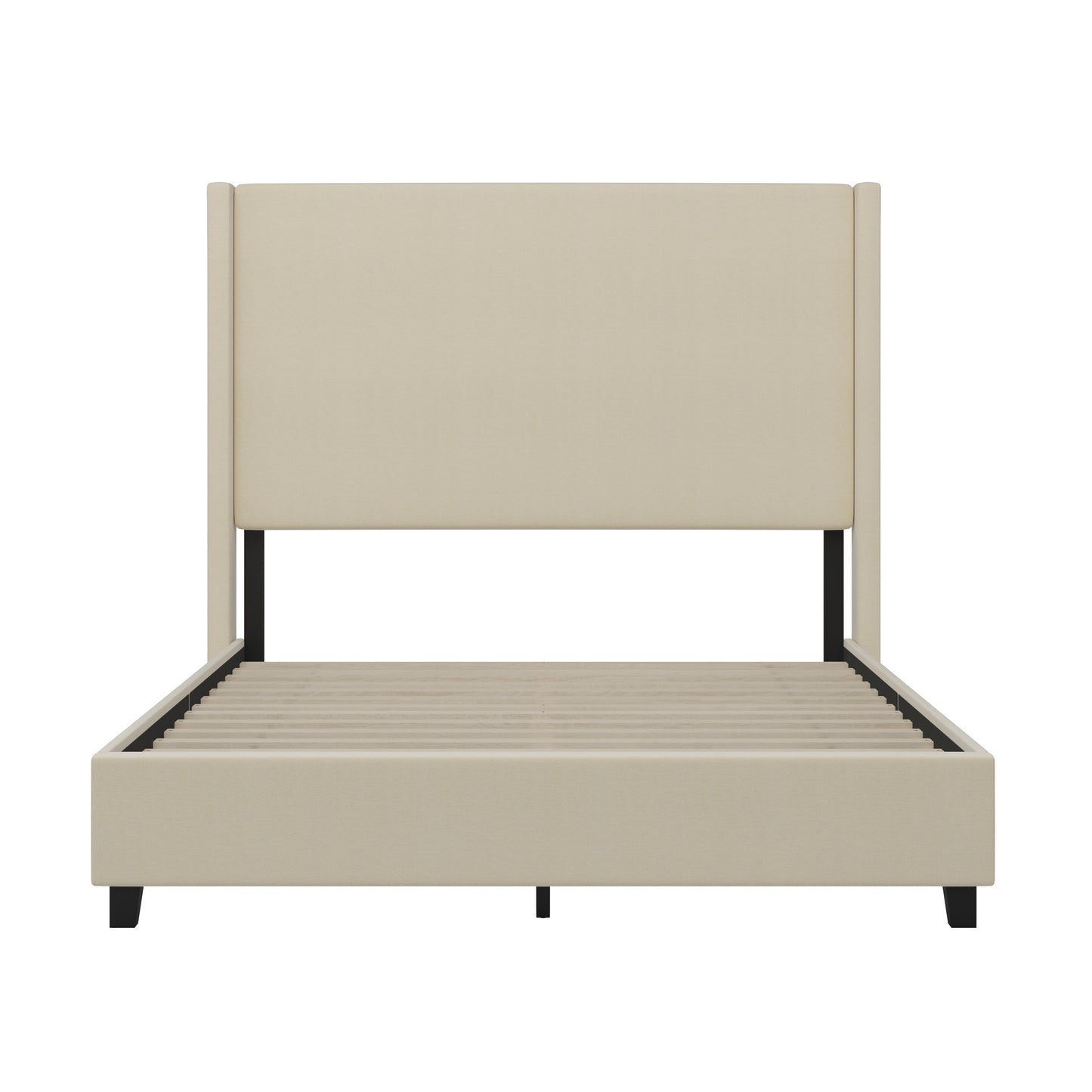 Quinn Queen Upholstered Platform Bed with Channel Stitched Wingback Headboard, Mattress Foundation with Slatted Supports, No Box Spring Needed, Beige Beige