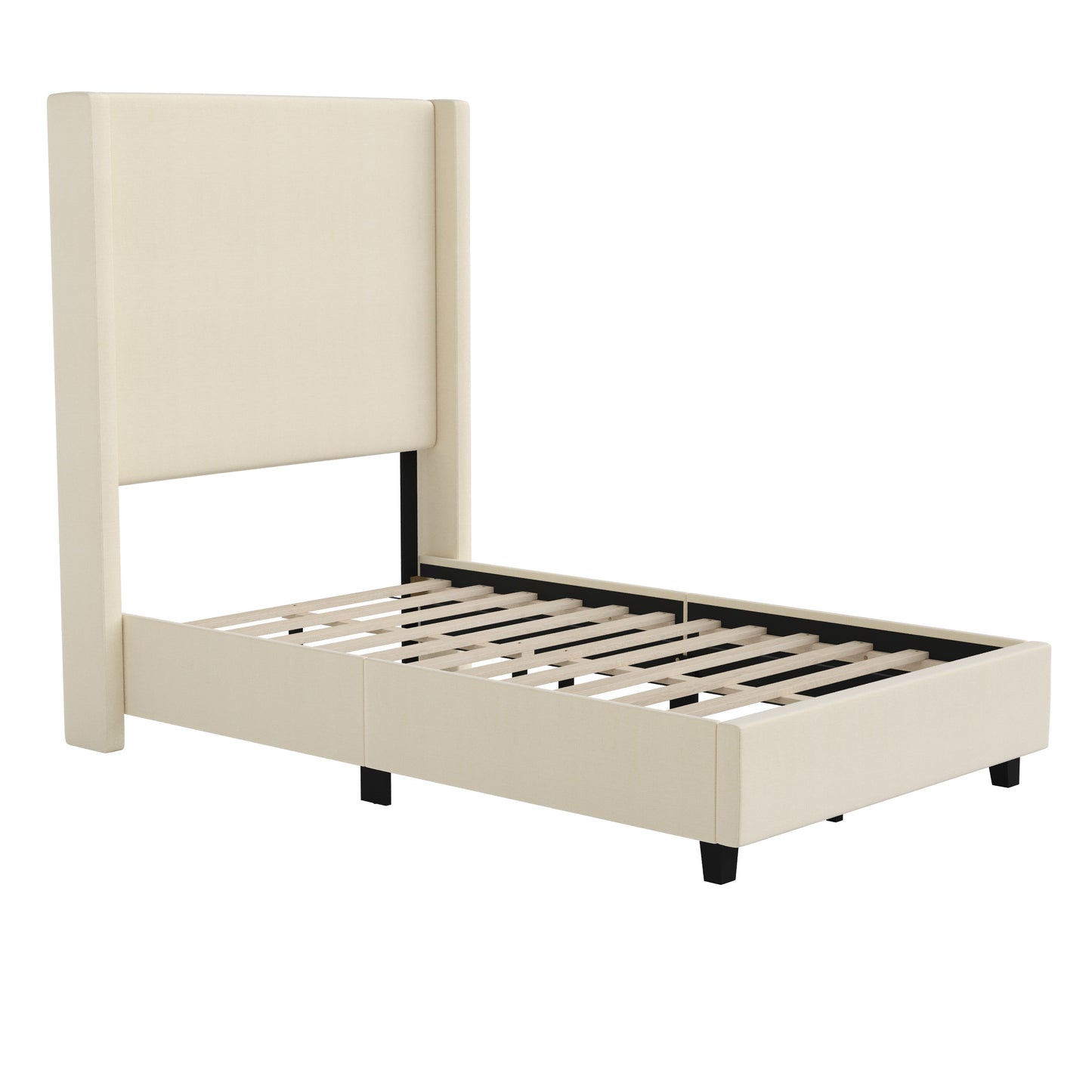 Quinn Twin Upholstered Platform Bed with Channel Stitched Wingback Headboard, Mattress Foundation with Slatted Supports, No Box Spring Needed, Beige Beige