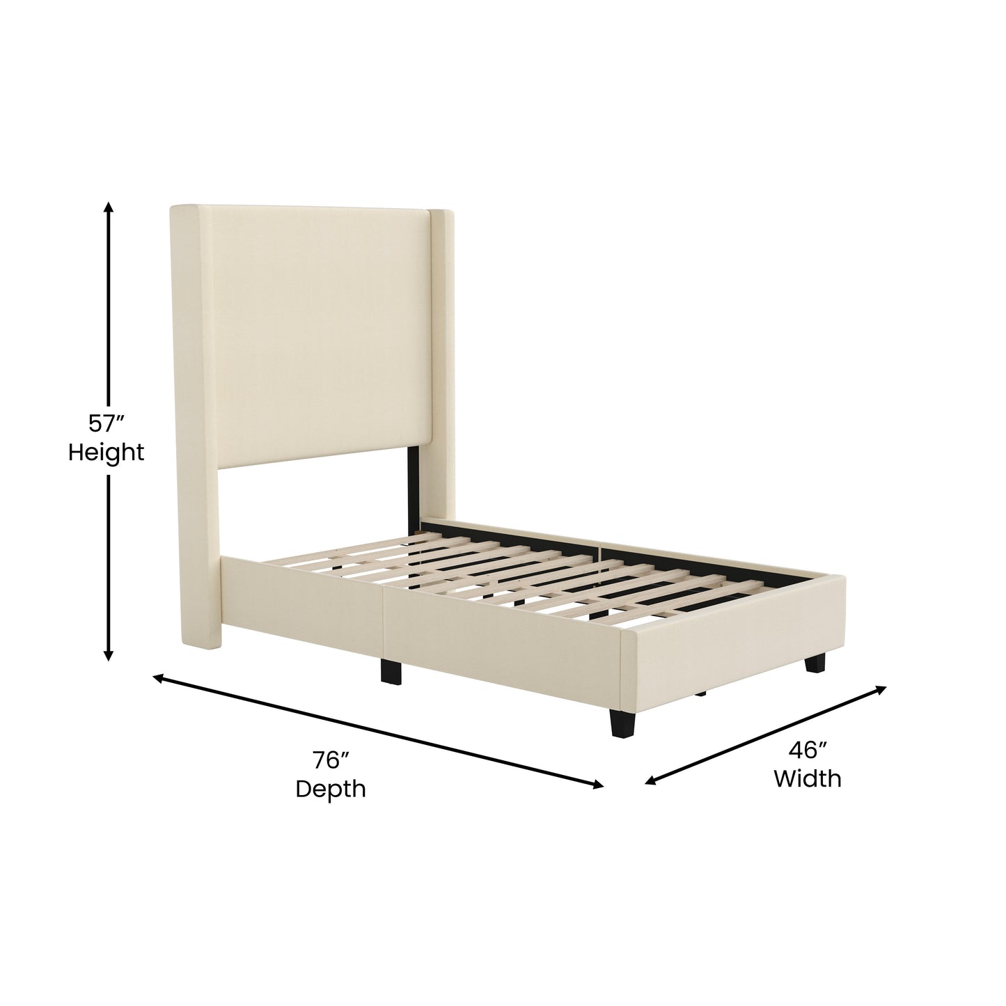 Quinn Twin Upholstered Platform Bed with Channel Stitched Wingback Headboard, Mattress Foundation with Slatted Supports, No Box Spring Needed, Beige Beige