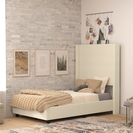 Quinn Twin Upholstered Platform Bed with Channel Stitched Wingback Headboard, Mattress Foundation with Slatted Supports, No Box Spring Needed, Beige Beige