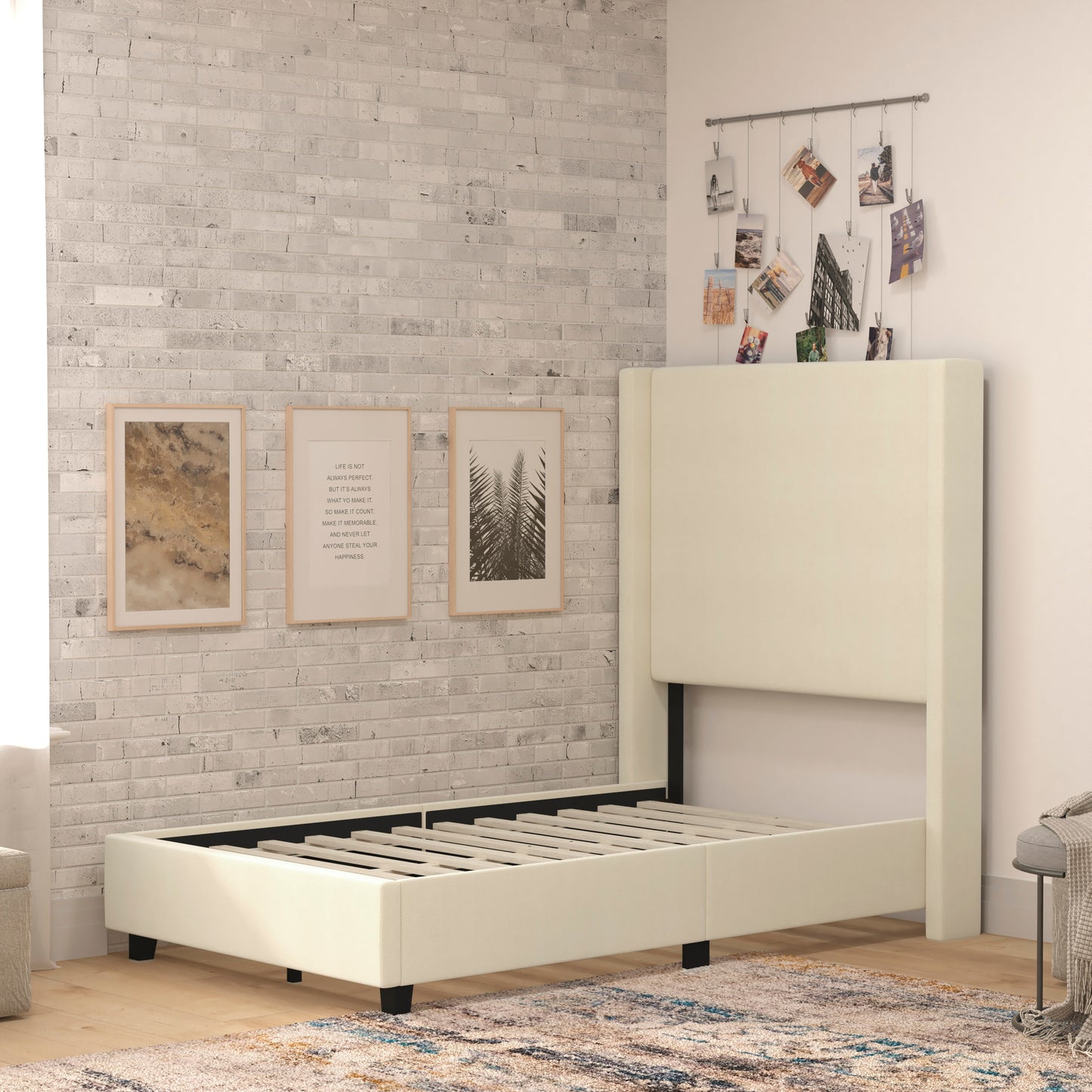Quinn Twin Upholstered Platform Bed with Channel Stitched Wingback Headboard, Mattress Foundation with Slatted Supports, No Box Spring Needed, Beige Beige