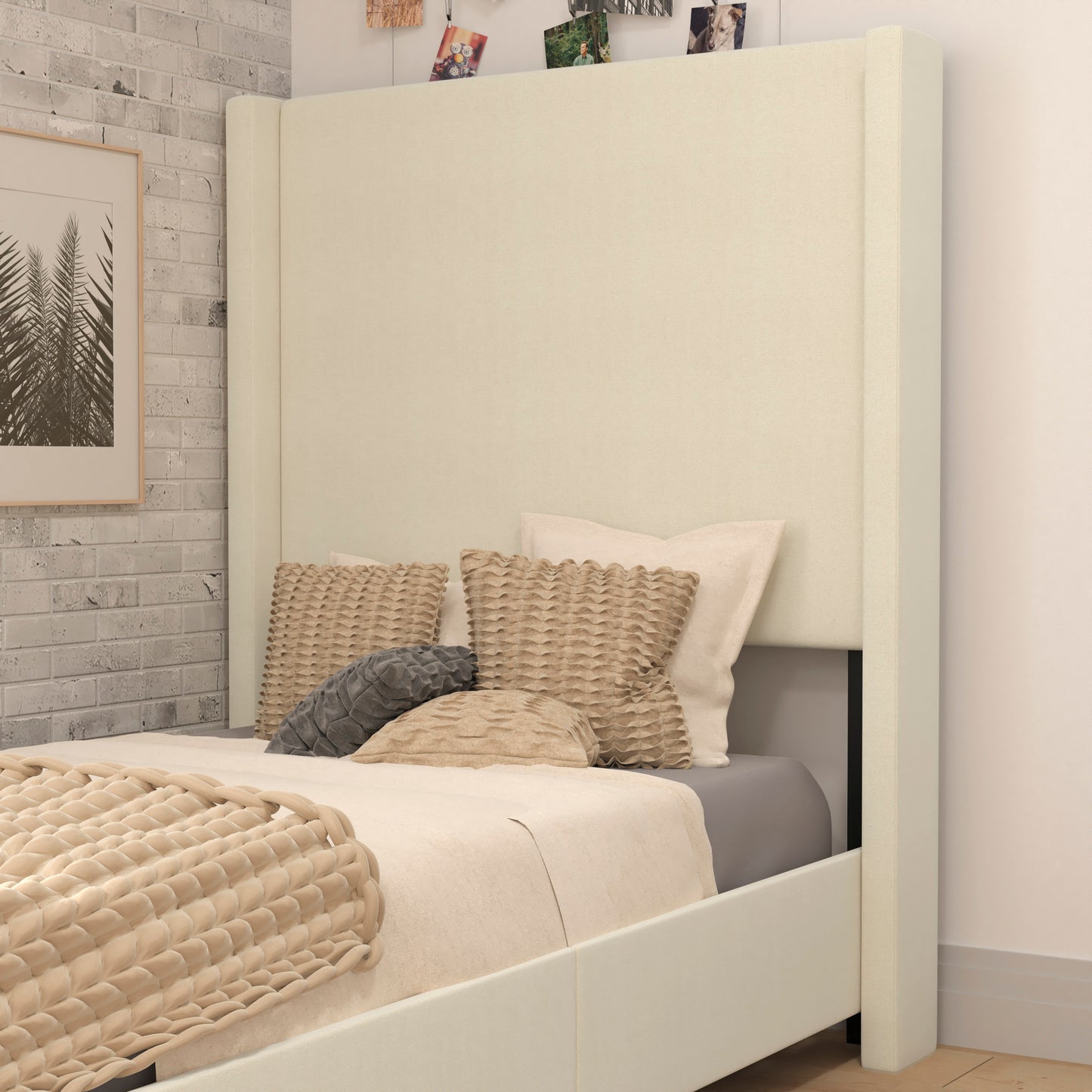 Quinn Twin Upholstered Platform Bed with Channel Stitched Wingback Headboard, Mattress Foundation with Slatted Supports, No Box Spring Needed, Beige Beige