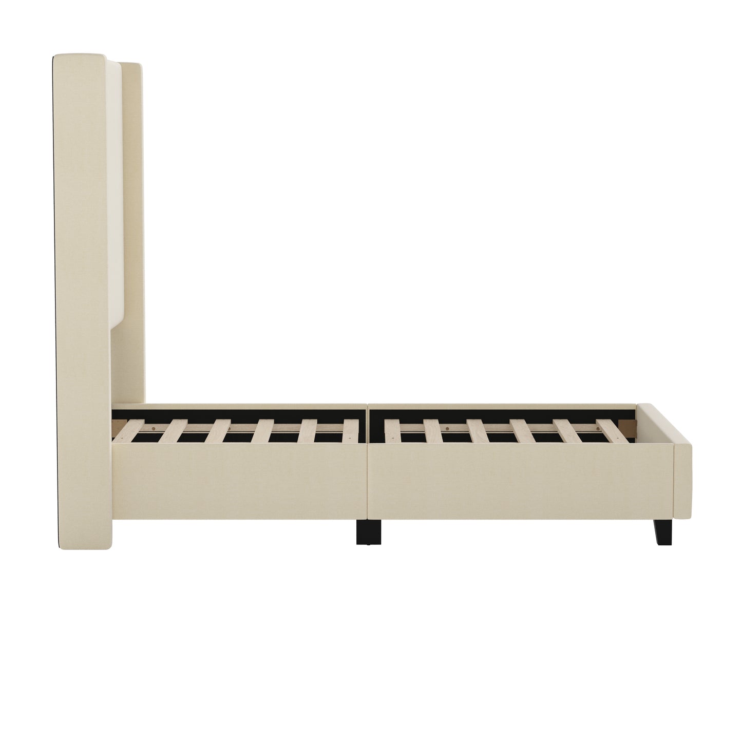 Quinn Twin Upholstered Platform Bed with Channel Stitched Wingback Headboard, Mattress Foundation with Slatted Supports, No Box Spring Needed, Beige Beige