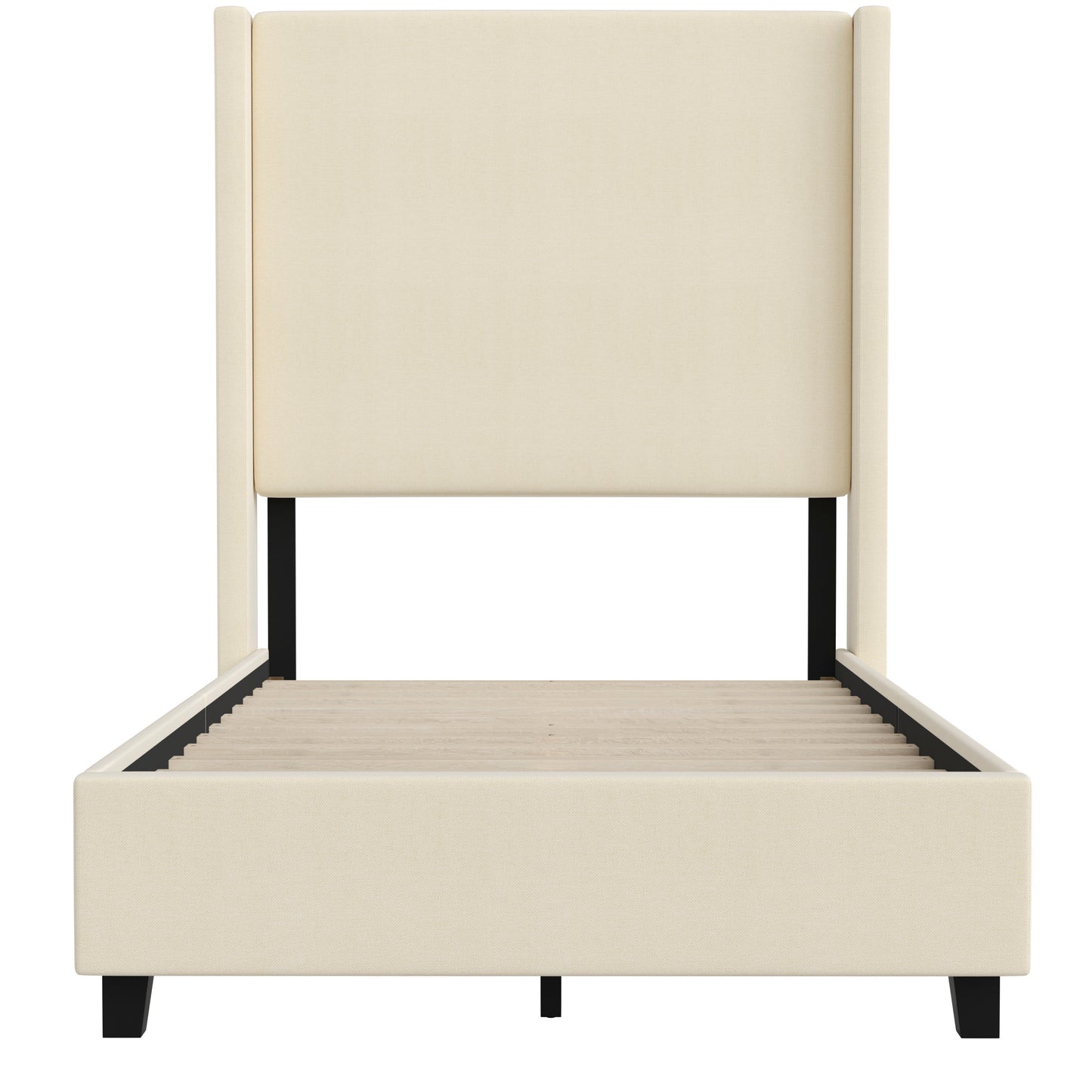 Quinn Twin Upholstered Platform Bed with Channel Stitched Wingback Headboard, Mattress Foundation with Slatted Supports, No Box Spring Needed, Beige Beige