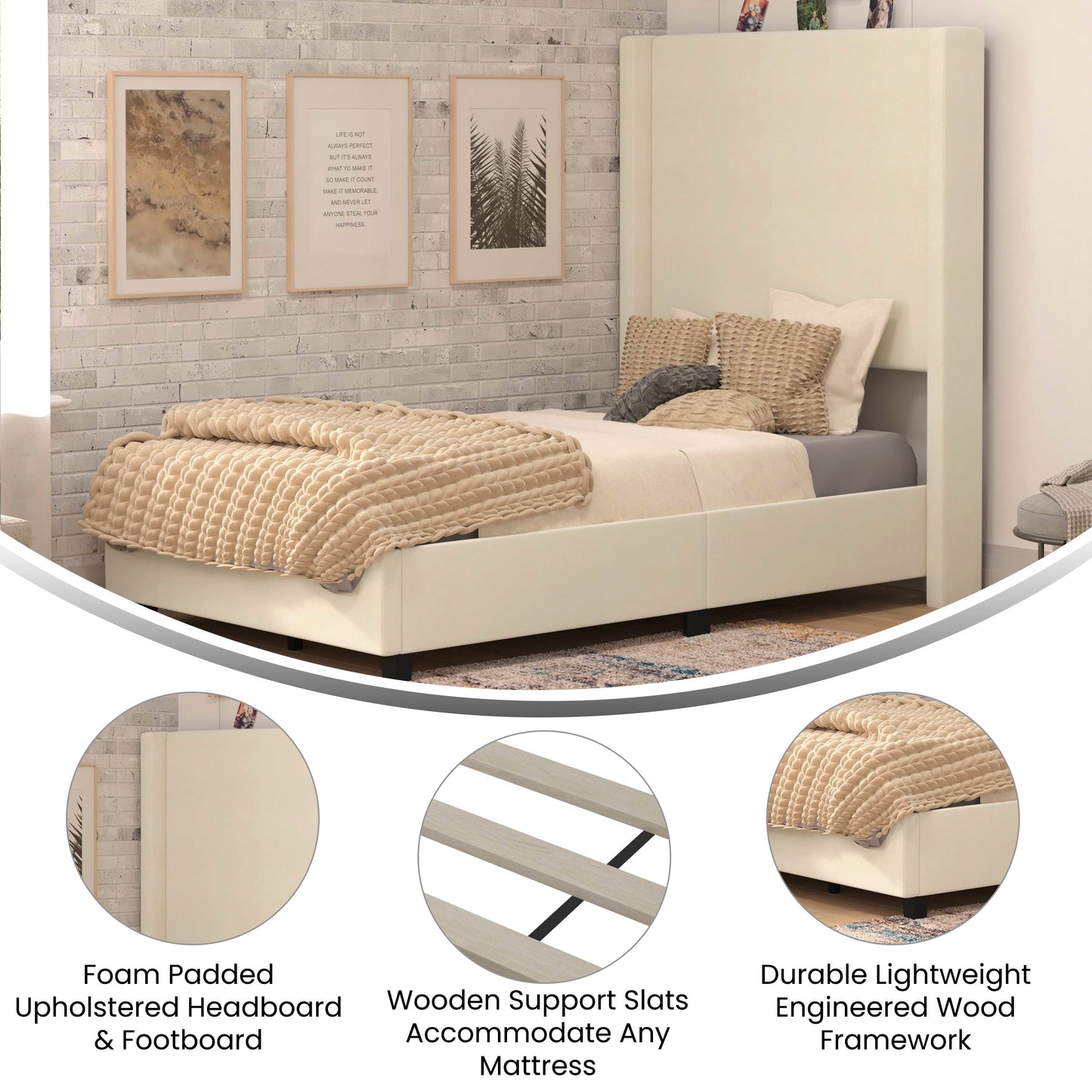 Quinn Twin Upholstered Platform Bed with Channel Stitched Wingback Headboard, Mattress Foundation with Slatted Supports, No Box Spring Needed, Beige Beige