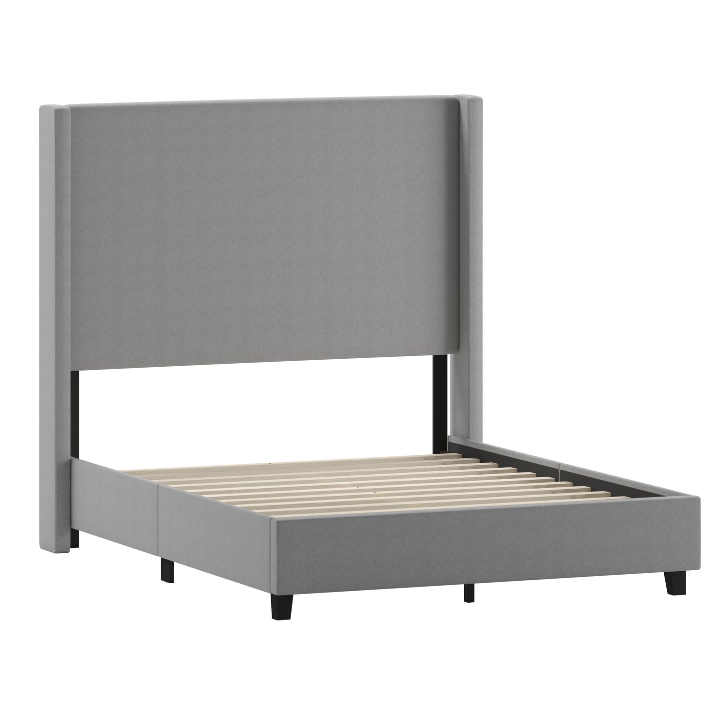 Quinn Full Upholstered Platform Bed with Channel Stitched Wingback Headboard, Mattress Foundation with Slatted Supports, No Box Spring Needed, Gray Gray