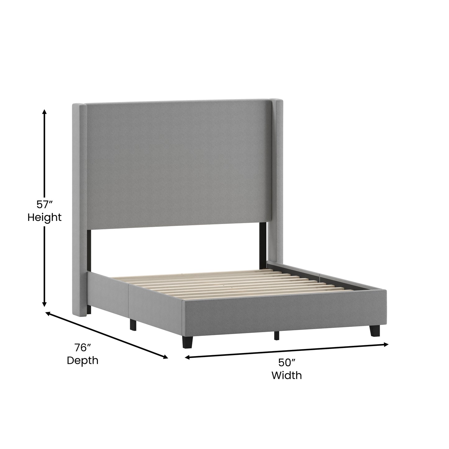 Quinn Full Upholstered Platform Bed with Channel Stitched Wingback Headboard, Mattress Foundation with Slatted Supports, No Box Spring Needed, Gray Gray