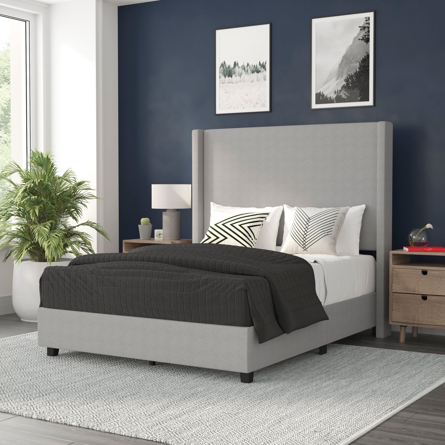 Quinn Full Upholstered Platform Bed with Channel Stitched Wingback Headboard, Mattress Foundation with Slatted Supports, No Box Spring Needed, Gray Gray