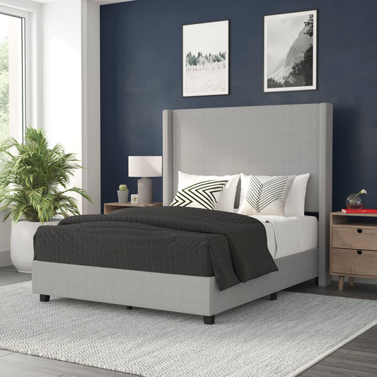 Quinn Full Upholstered Platform Bed with Channel Stitched Wingback Headboard, Mattress Foundation with Slatted Supports, No Box Spring Needed, Gray Gray