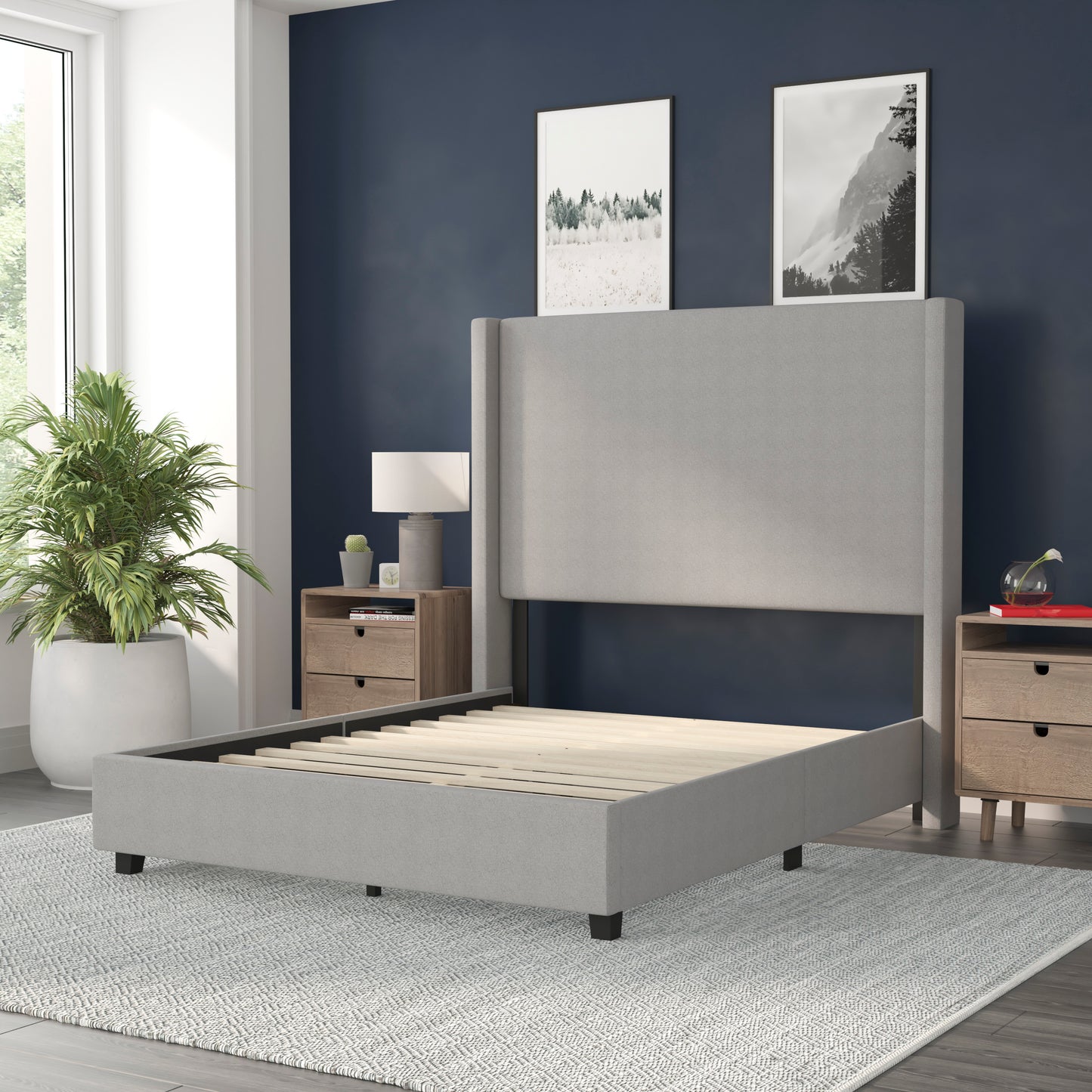 Quinn Full Upholstered Platform Bed with Channel Stitched Wingback Headboard, Mattress Foundation with Slatted Supports, No Box Spring Needed, Gray Gray