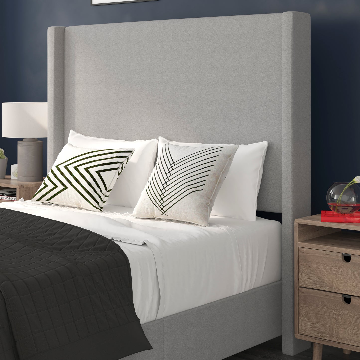 Quinn Full Upholstered Platform Bed with Channel Stitched Wingback Headboard, Mattress Foundation with Slatted Supports, No Box Spring Needed, Gray Gray