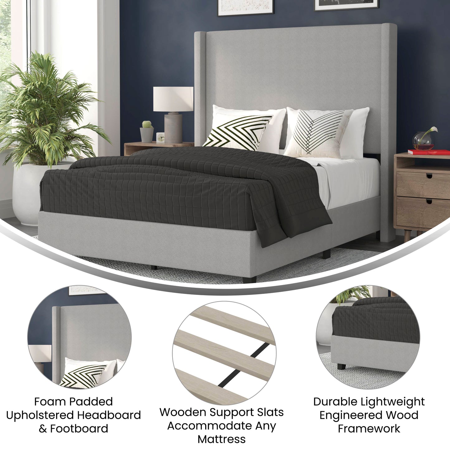 Quinn Full Upholstered Platform Bed with Channel Stitched Wingback Headboard, Mattress Foundation with Slatted Supports, No Box Spring Needed, Gray Gray