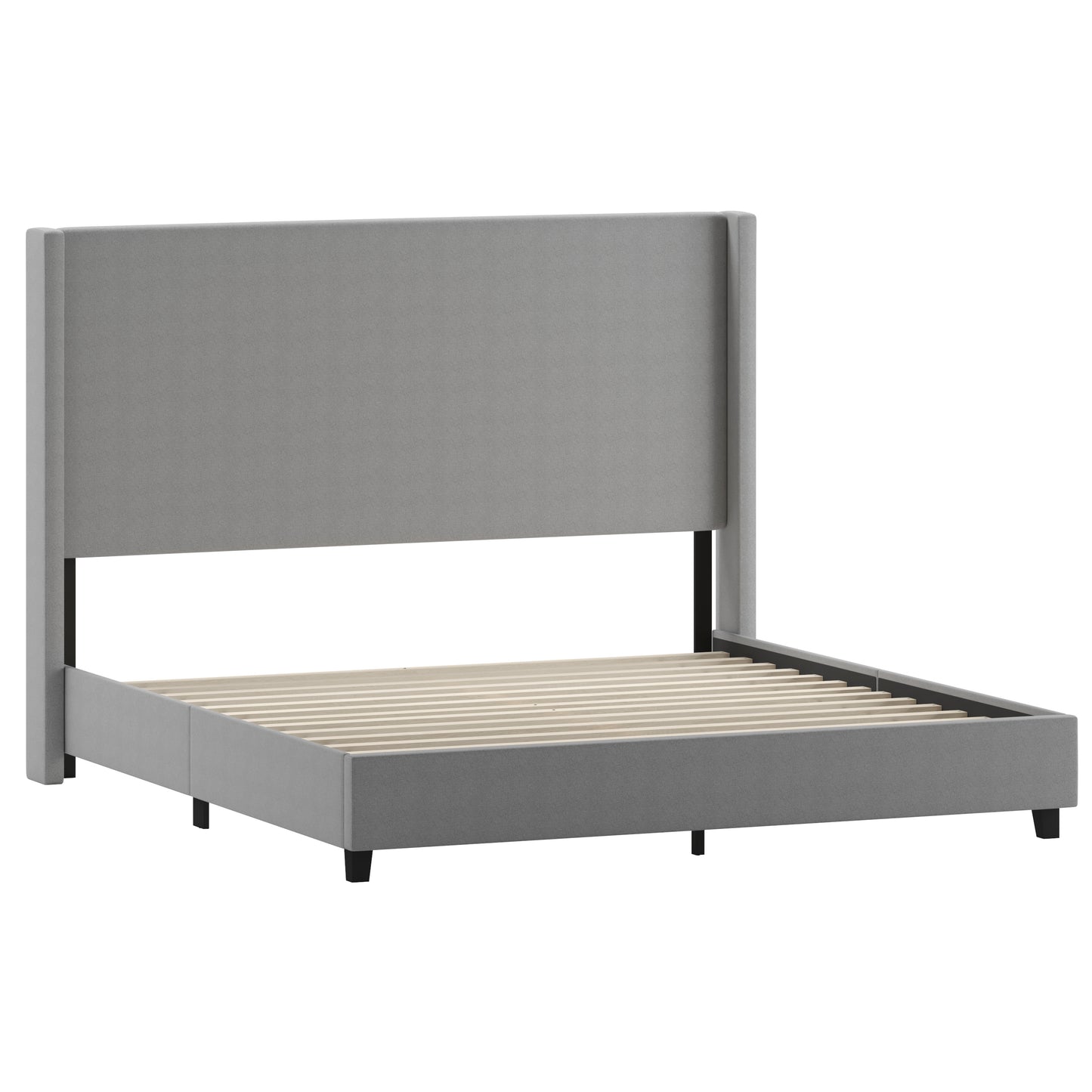 Quinn King Upholstered Platform Bed with Channel Stitched Wingback Headboard, Mattress Foundation with Slatted Supports, No Box Spring Needed, Gray Gray