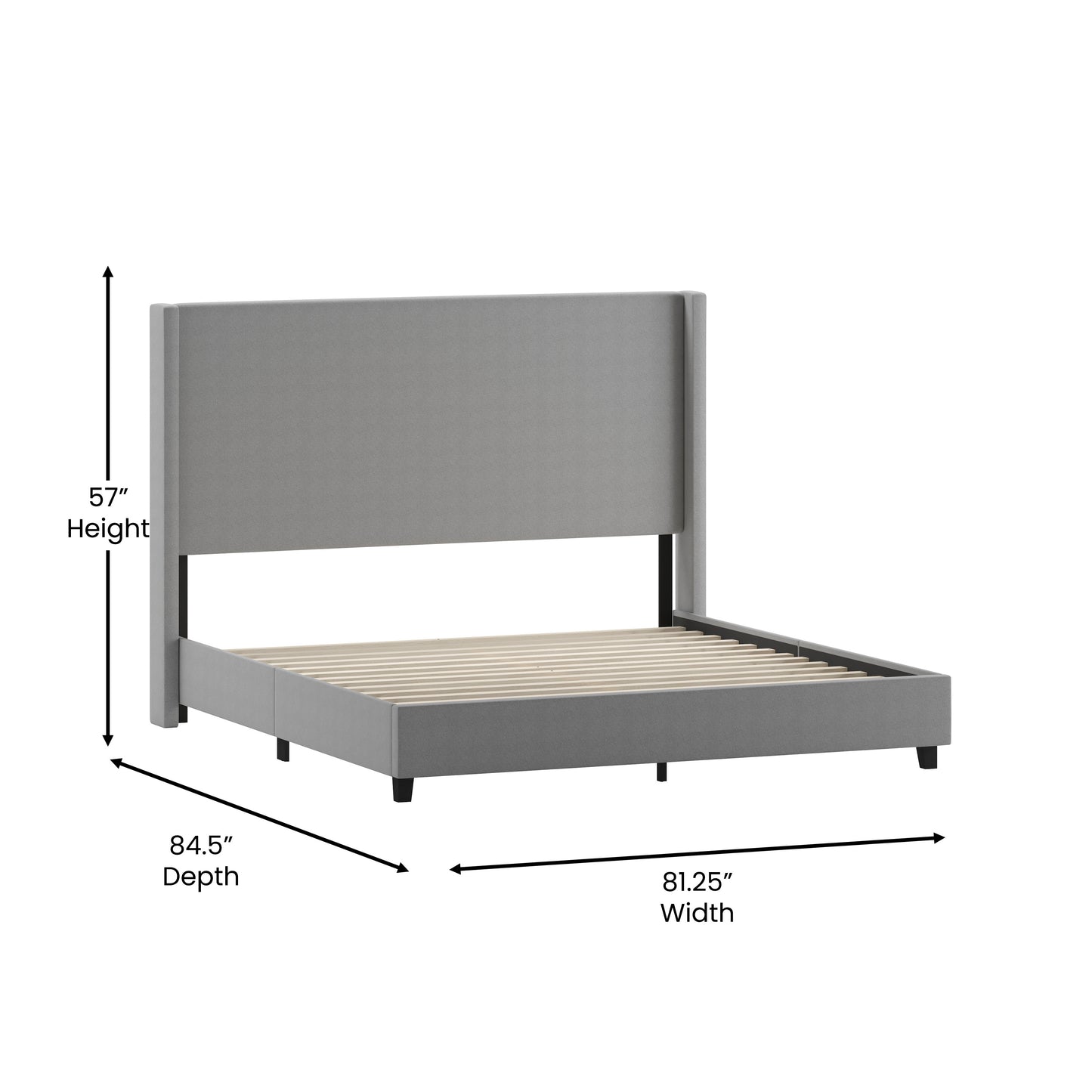 Quinn King Upholstered Platform Bed with Channel Stitched Wingback Headboard, Mattress Foundation with Slatted Supports, No Box Spring Needed, Gray Gray