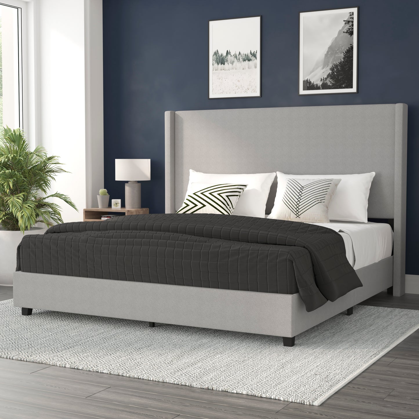 Quinn King Upholstered Platform Bed with Channel Stitched Wingback Headboard, Mattress Foundation with Slatted Supports, No Box Spring Needed, Gray Gray