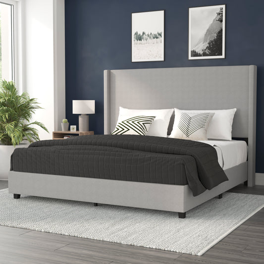 Quinn King Upholstered Platform Bed with Channel Stitched Wingback Headboard, Mattress Foundation with Slatted Supports, No Box Spring Needed, Gray Gray