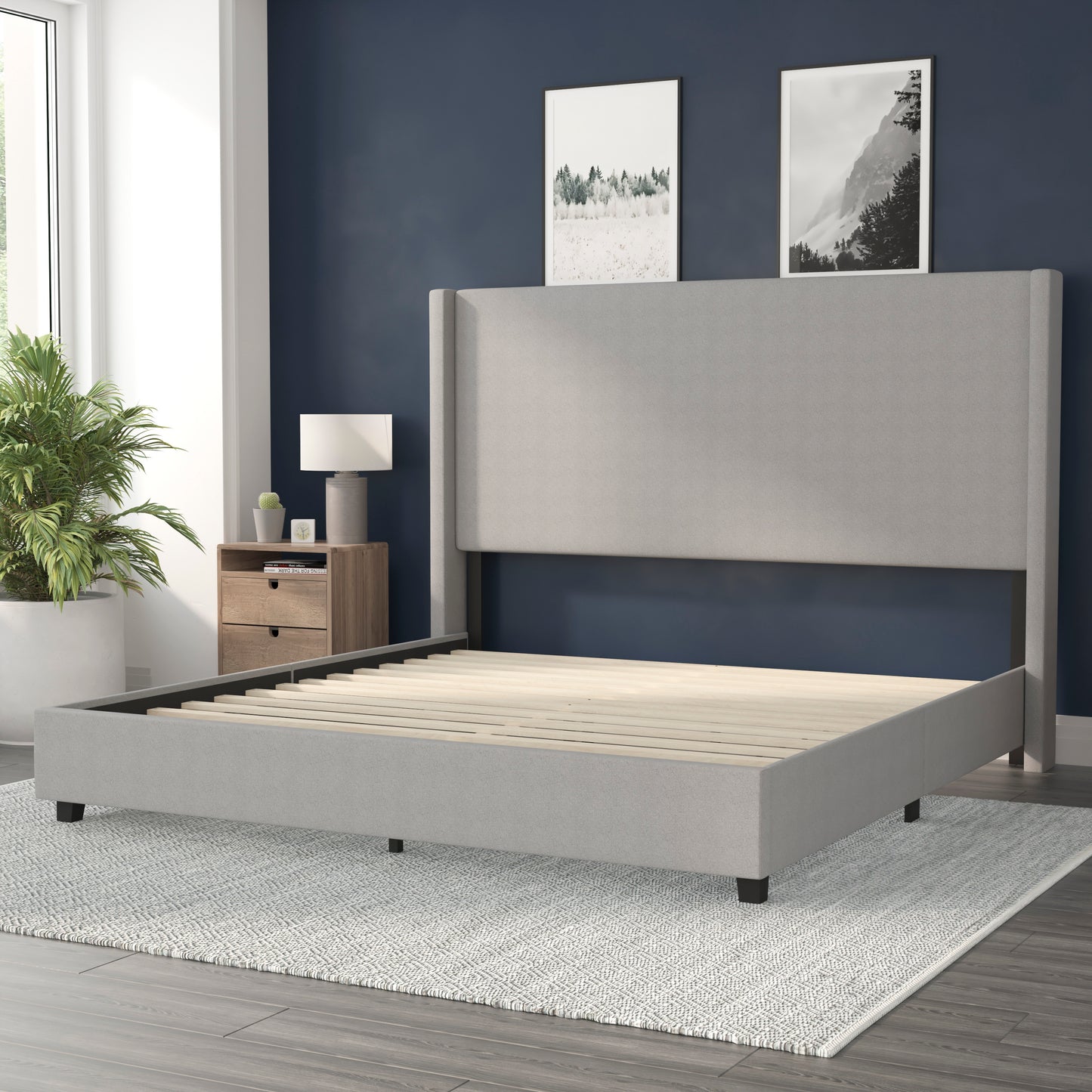 Quinn King Upholstered Platform Bed with Channel Stitched Wingback Headboard, Mattress Foundation with Slatted Supports, No Box Spring Needed, Gray Gray