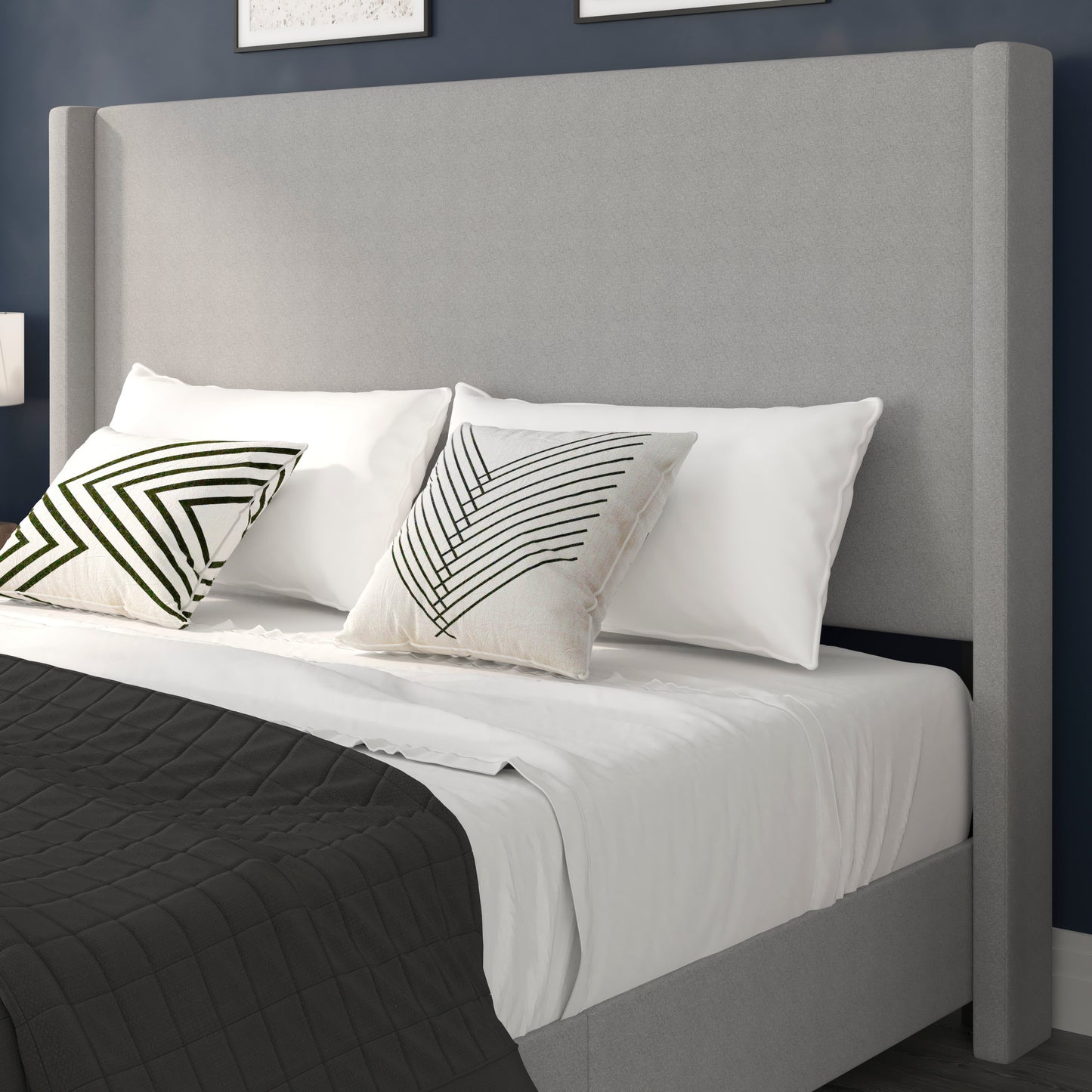 Quinn King Upholstered Platform Bed with Channel Stitched Wingback Headboard, Mattress Foundation with Slatted Supports, No Box Spring Needed, Gray Gray