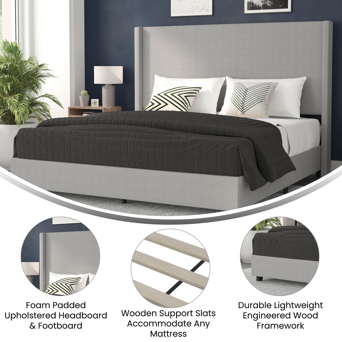 Quinn King Upholstered Platform Bed with Channel Stitched Wingback Headboard, Mattress Foundation with Slatted Supports, No Box Spring Needed, Gray Gray