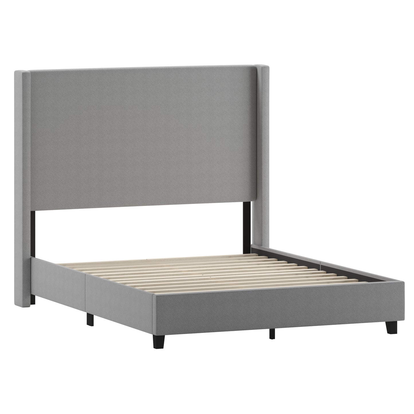 Quinn Queen Upholstered Platform Bed with Channel Stitched Wingback Headboard, Mattress Foundation with Slatted Supports, No Box Spring Needed, Gray Gray