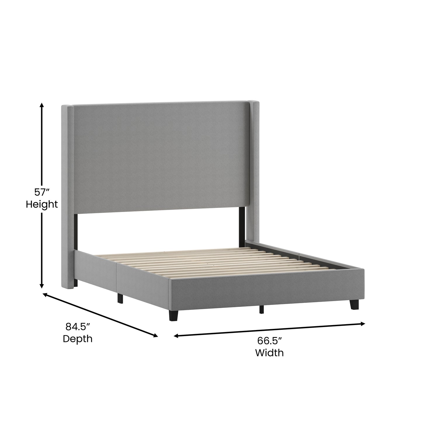 Quinn Queen Upholstered Platform Bed with Channel Stitched Wingback Headboard, Mattress Foundation with Slatted Supports, No Box Spring Needed, Gray Gray