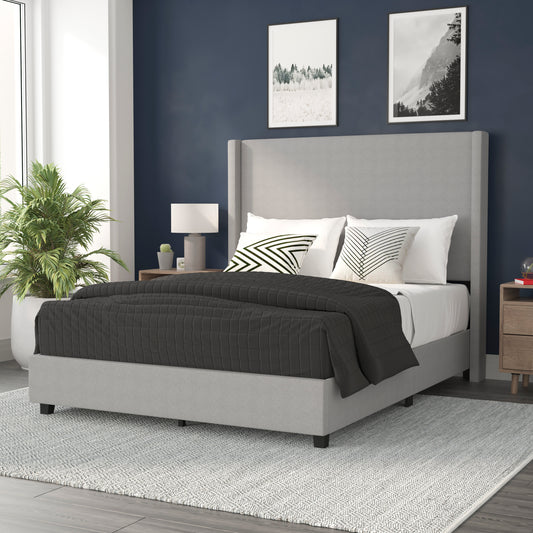Quinn Queen Upholstered Platform Bed with Channel Stitched Wingback Headboard, Mattress Foundation with Slatted Supports, No Box Spring Needed, Gray Gray