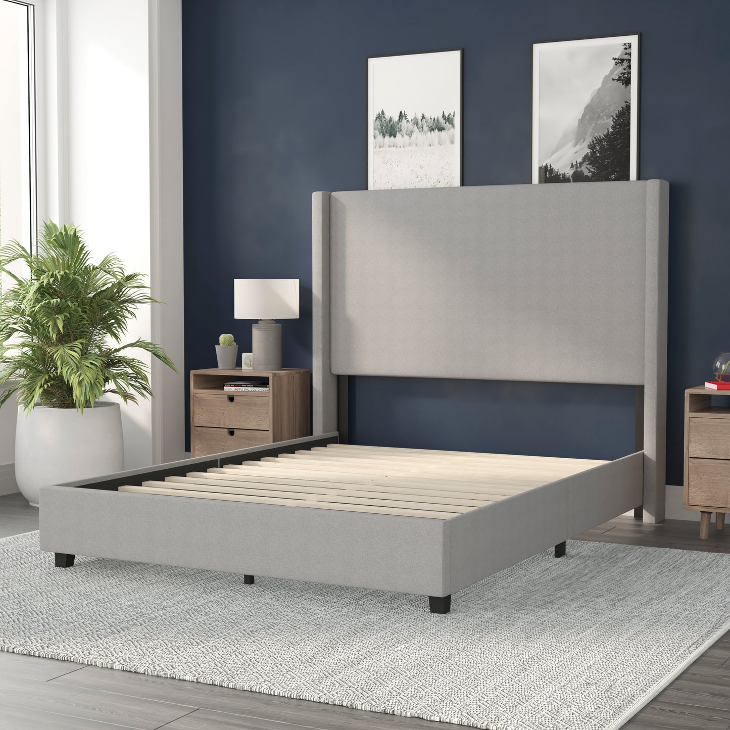 Quinn Queen Upholstered Platform Bed with Channel Stitched Wingback Headboard, Mattress Foundation with Slatted Supports, No Box Spring Needed, Gray Gray