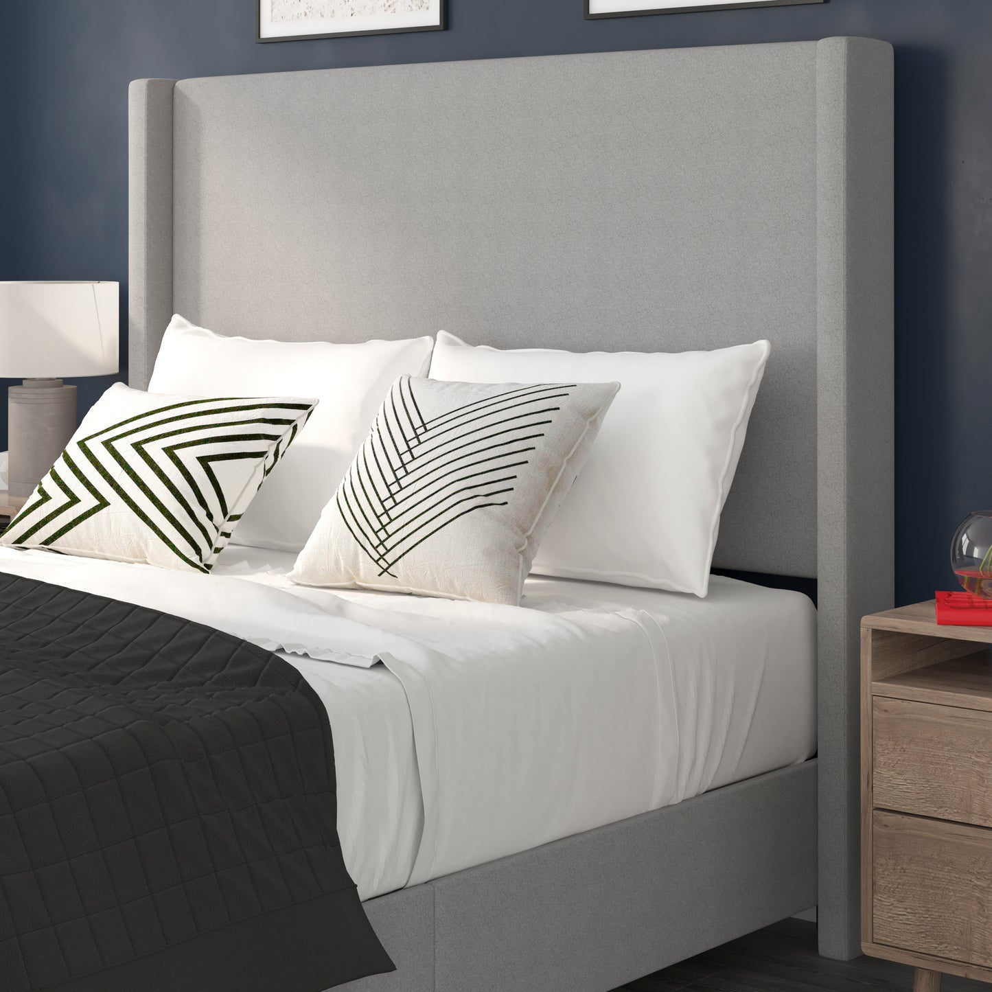 Quinn Queen Upholstered Platform Bed with Channel Stitched Wingback Headboard, Mattress Foundation with Slatted Supports, No Box Spring Needed, Gray Gray
