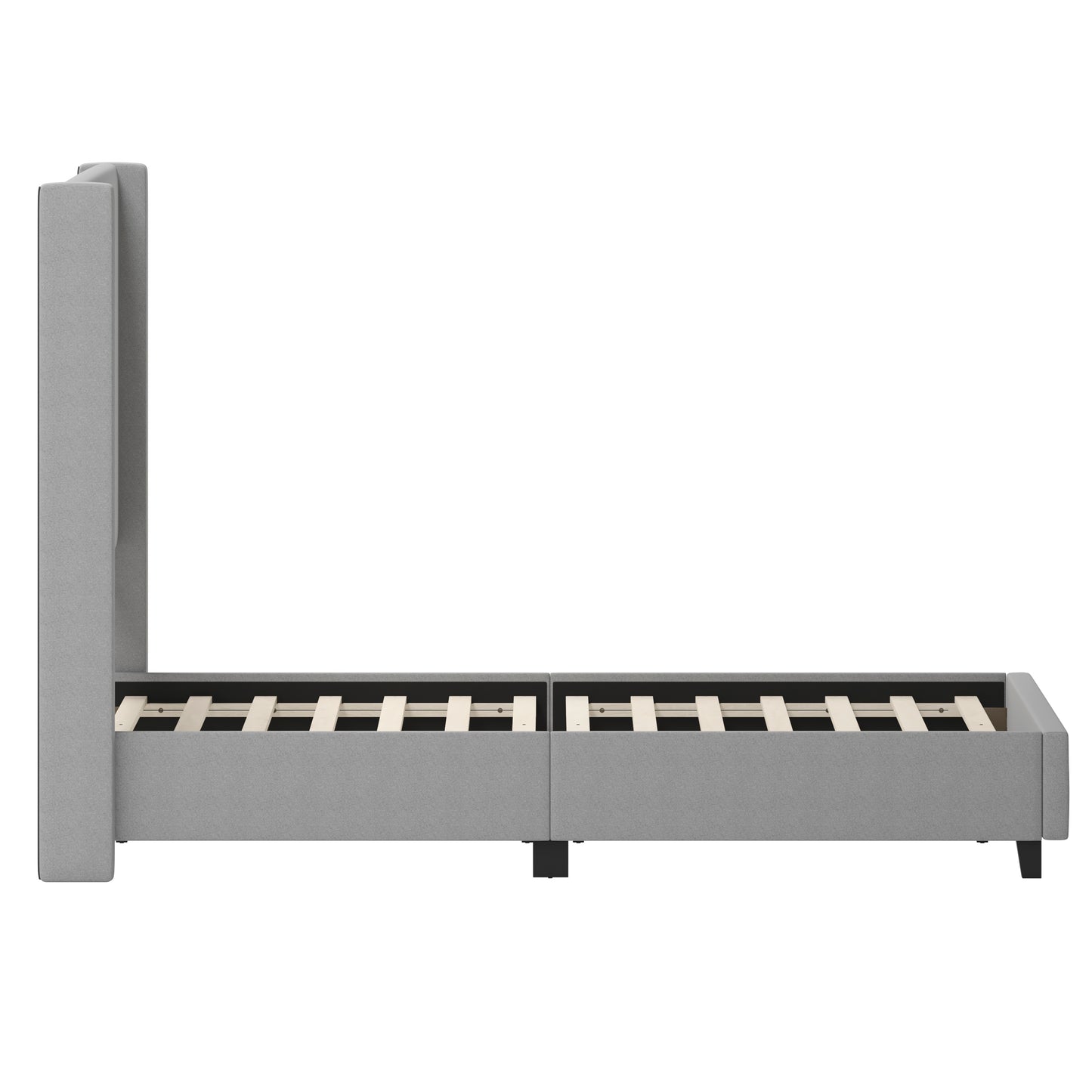 Quinn Queen Upholstered Platform Bed with Channel Stitched Wingback Headboard, Mattress Foundation with Slatted Supports, No Box Spring Needed, Gray Gray
