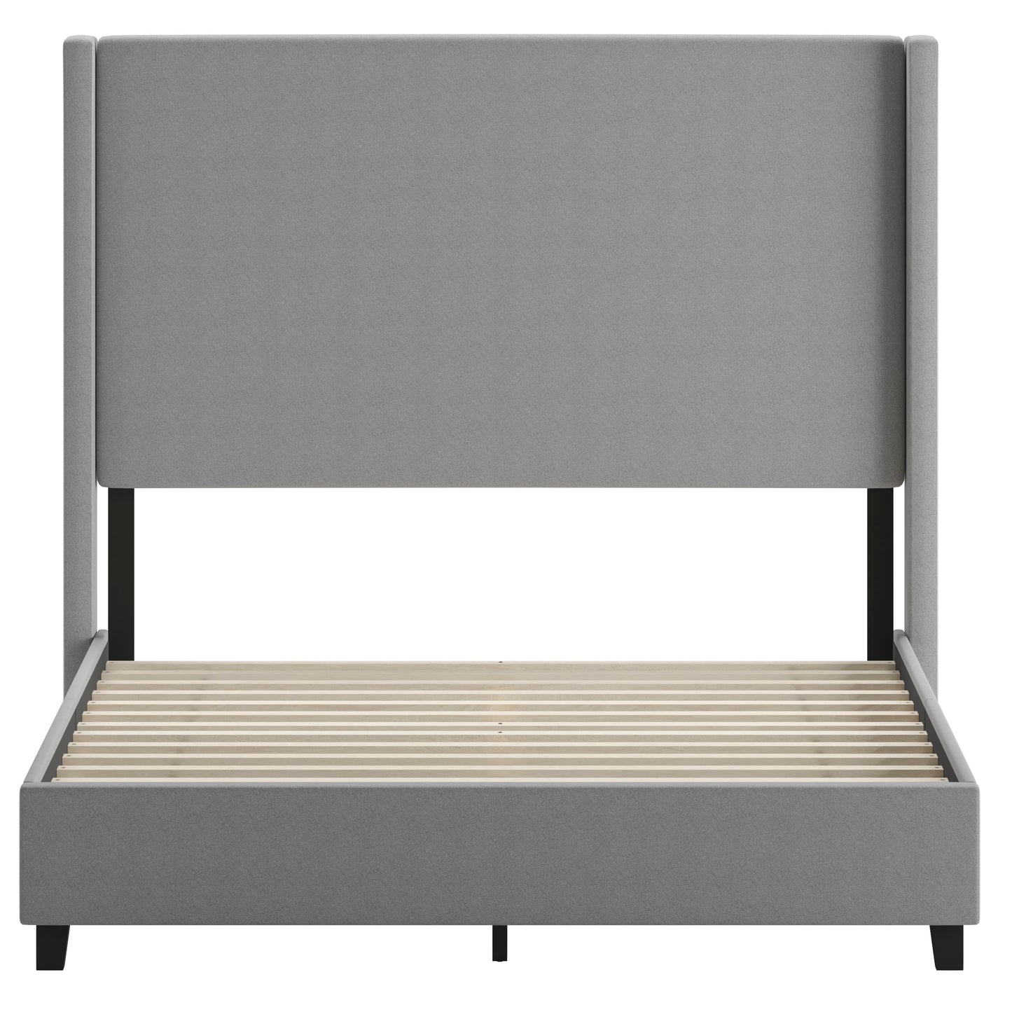 Quinn Queen Upholstered Platform Bed with Channel Stitched Wingback Headboard, Mattress Foundation with Slatted Supports, No Box Spring Needed, Gray Gray