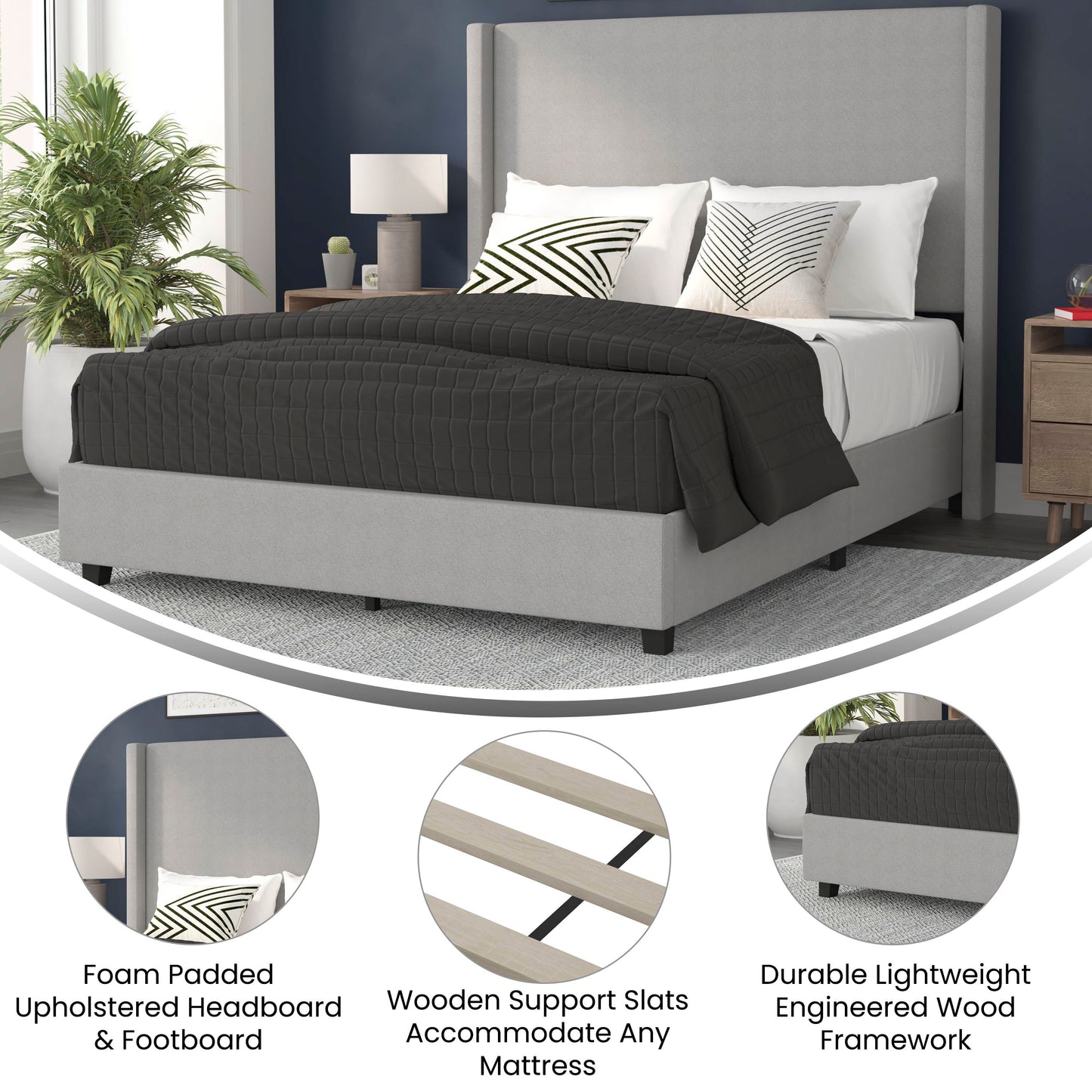 Quinn Queen Upholstered Platform Bed with Channel Stitched Wingback Headboard, Mattress Foundation with Slatted Supports, No Box Spring Needed, Gray Gray