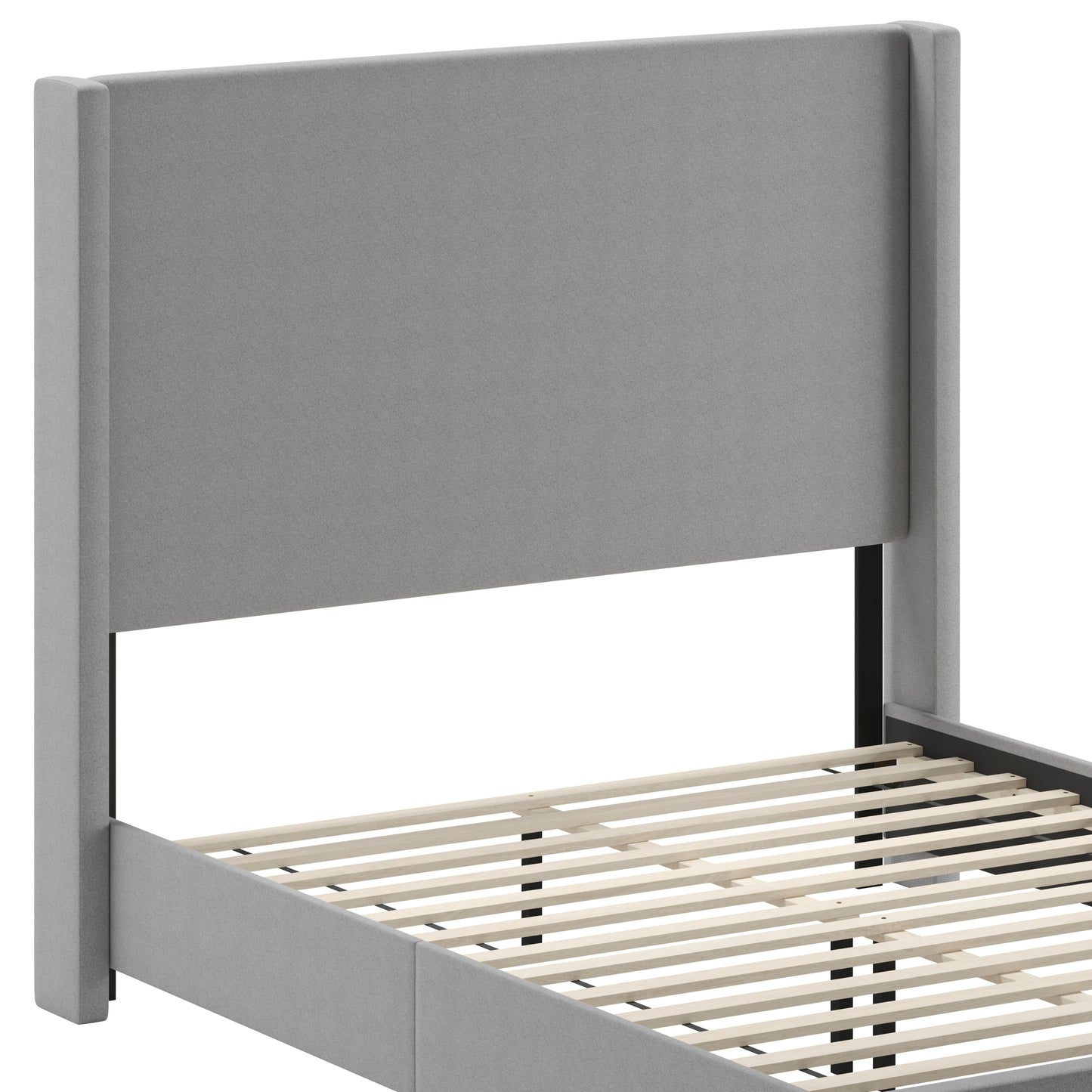 Quinn Queen Upholstered Platform Bed with Channel Stitched Wingback Headboard, Mattress Foundation with Slatted Supports, No Box Spring Needed, Gray Gray