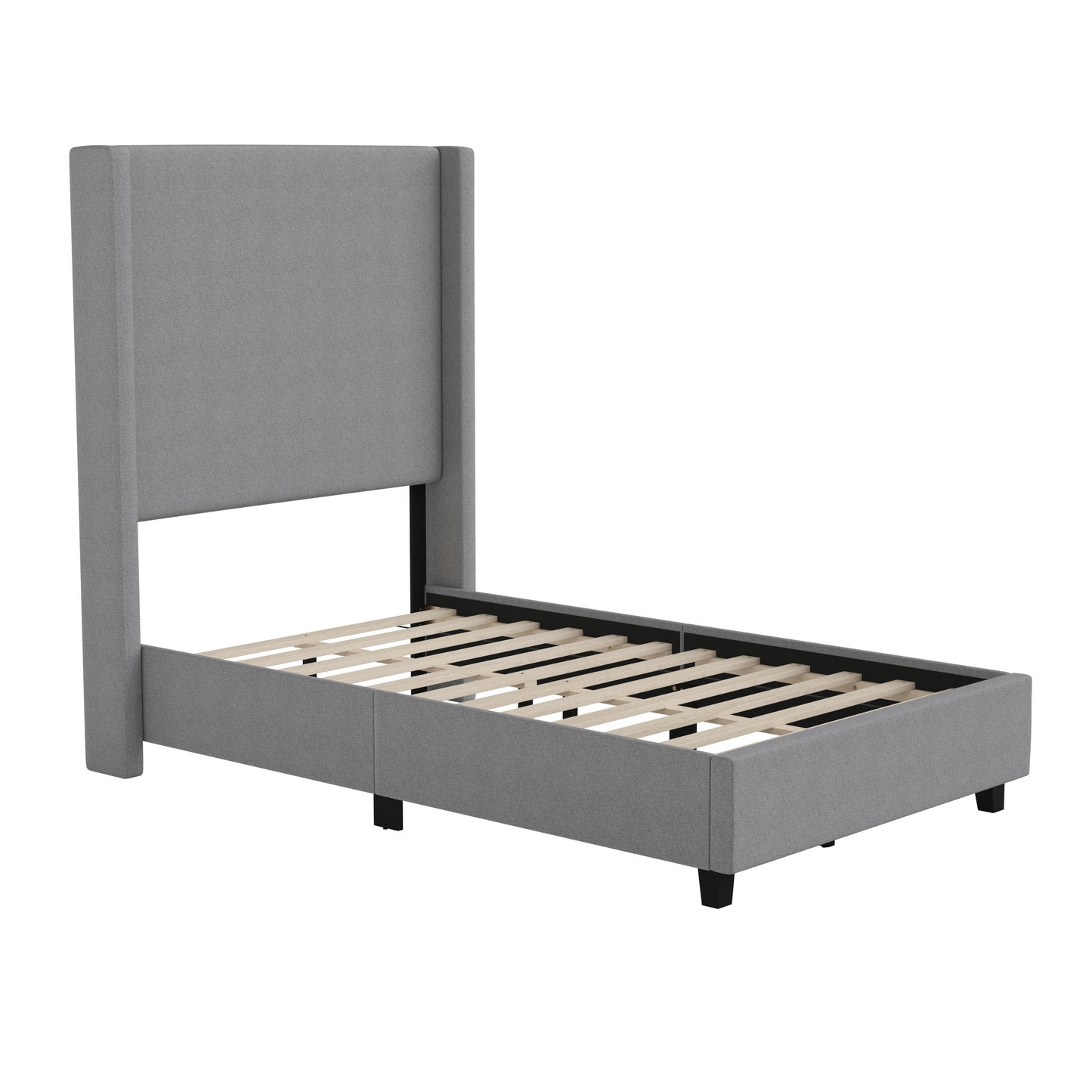 Quinn Twin Upholstered Platform Bed with Channel Stitched Wingback Headboard, Mattress Foundation with Slatted Supports, No Box Spring Needed, Gray Gray