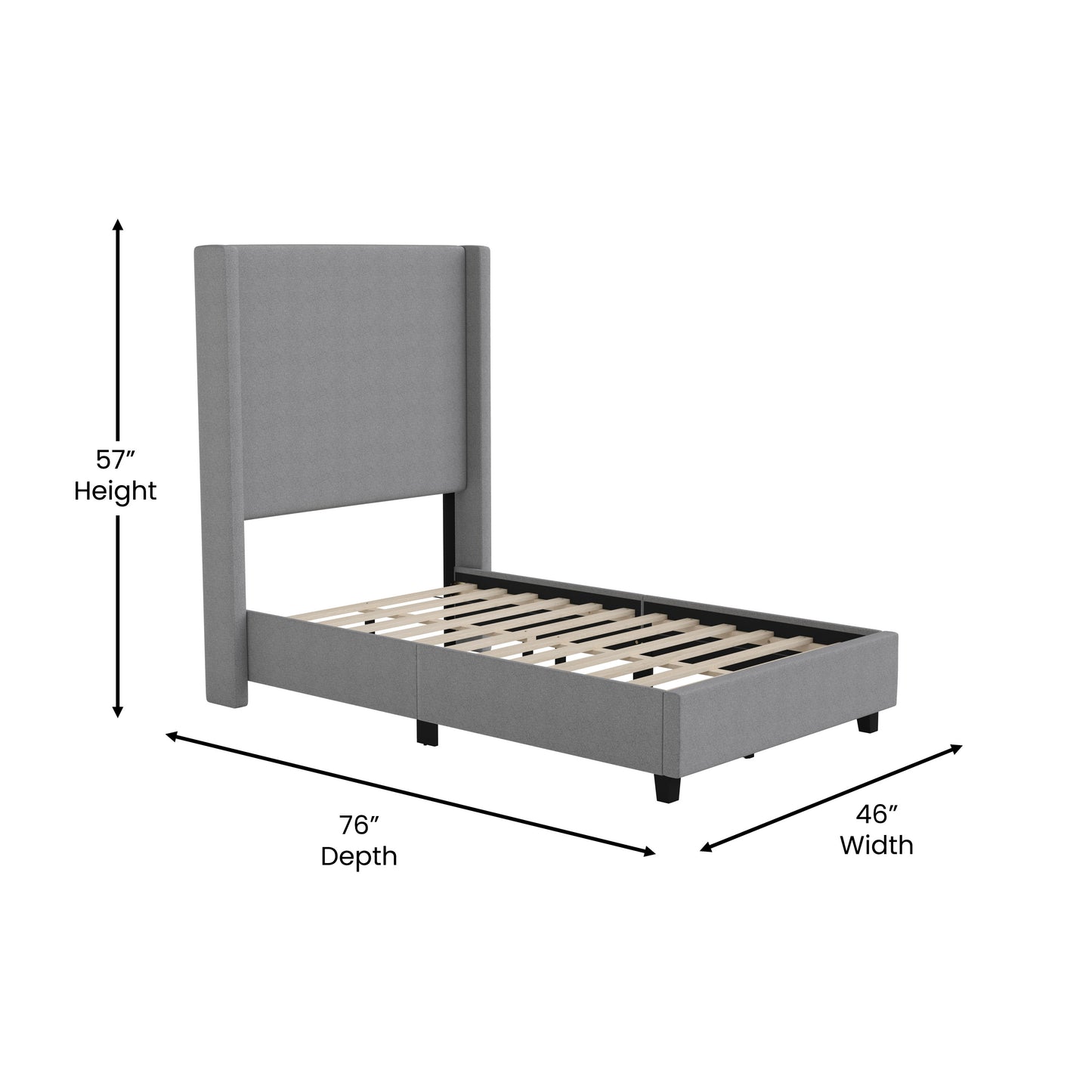 Quinn Twin Upholstered Platform Bed with Channel Stitched Wingback Headboard, Mattress Foundation with Slatted Supports, No Box Spring Needed, Gray Gray