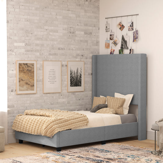 Quinn Twin Upholstered Platform Bed with Channel Stitched Wingback Headboard, Mattress Foundation with Slatted Supports, No Box Spring Needed, Gray Gray