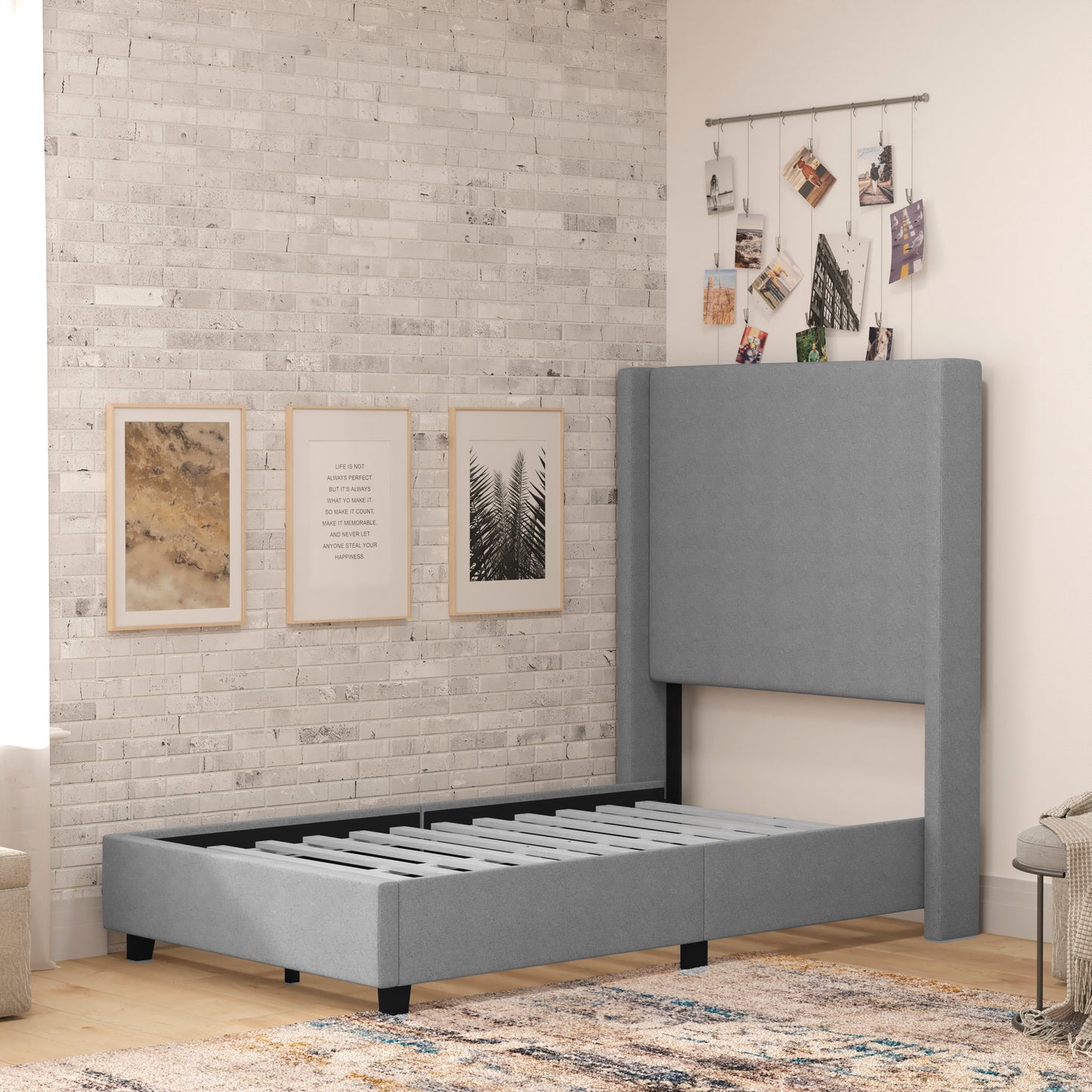 Quinn Twin Upholstered Platform Bed with Channel Stitched Wingback Headboard, Mattress Foundation with Slatted Supports, No Box Spring Needed, Gray Gray