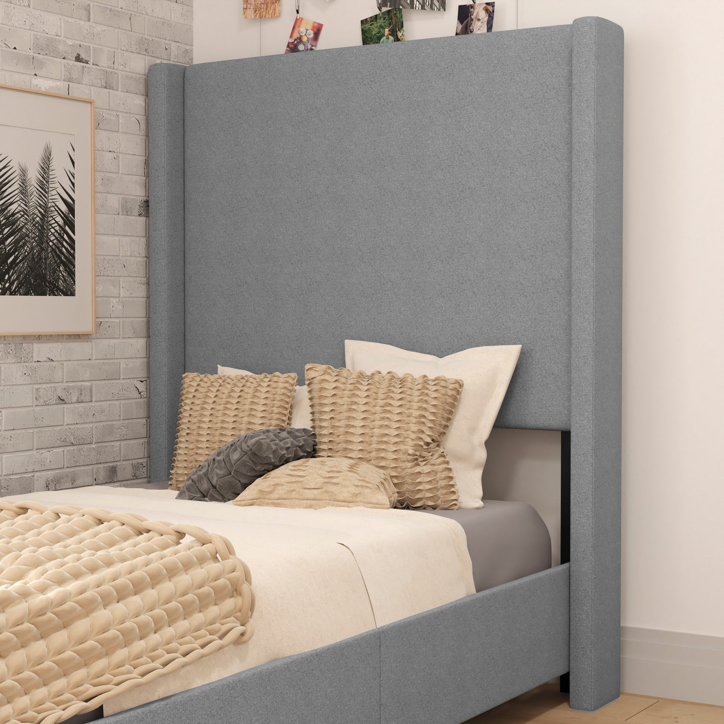 Quinn Twin Upholstered Platform Bed with Channel Stitched Wingback Headboard, Mattress Foundation with Slatted Supports, No Box Spring Needed, Gray Gray