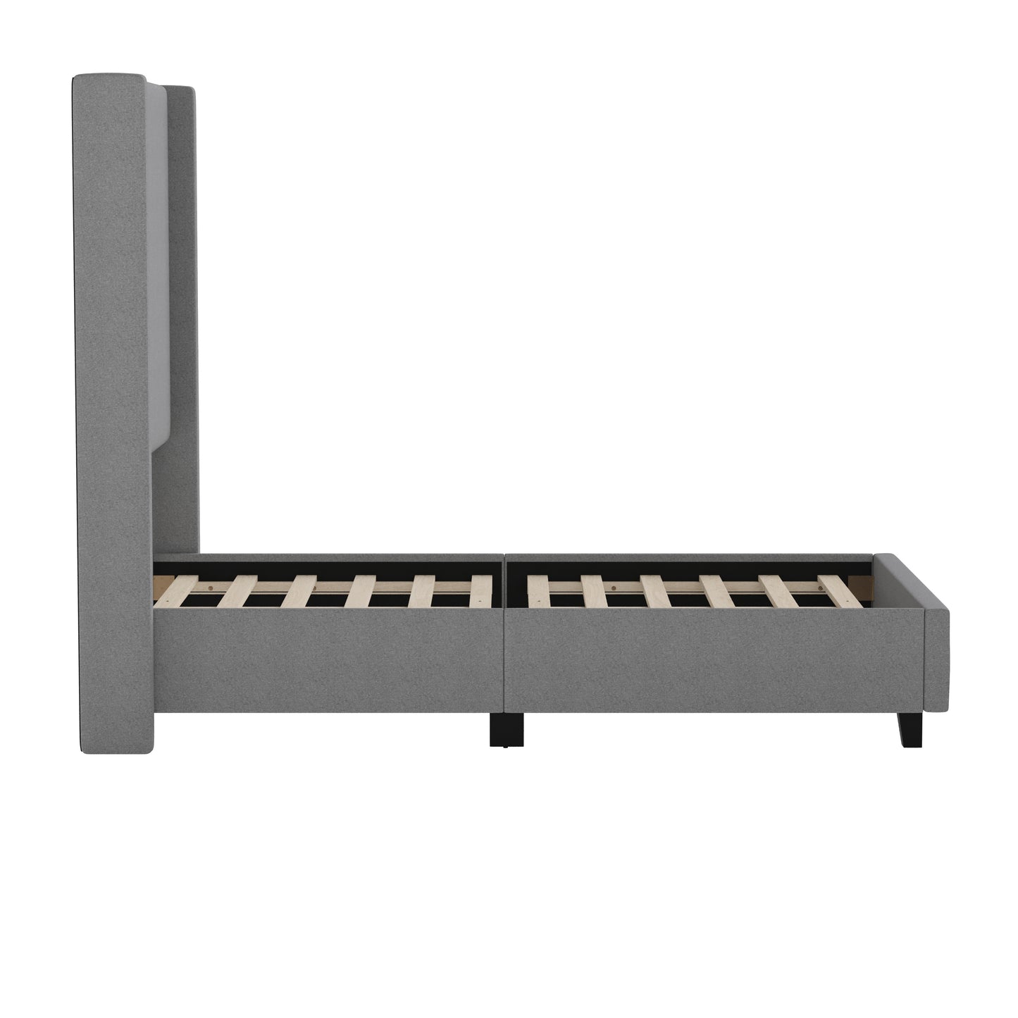 Quinn Twin Upholstered Platform Bed with Channel Stitched Wingback Headboard, Mattress Foundation with Slatted Supports, No Box Spring Needed, Gray Gray