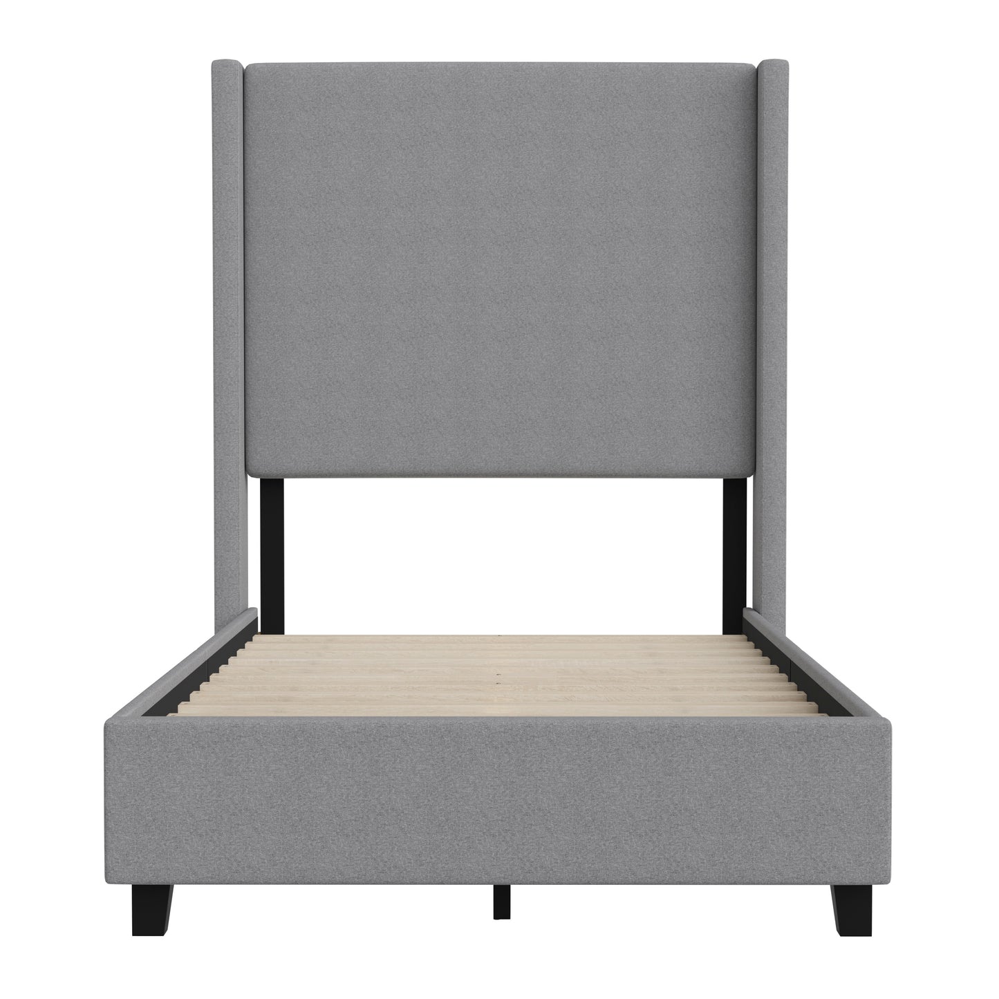 Quinn Twin Upholstered Platform Bed with Channel Stitched Wingback Headboard, Mattress Foundation with Slatted Supports, No Box Spring Needed, Gray Gray
